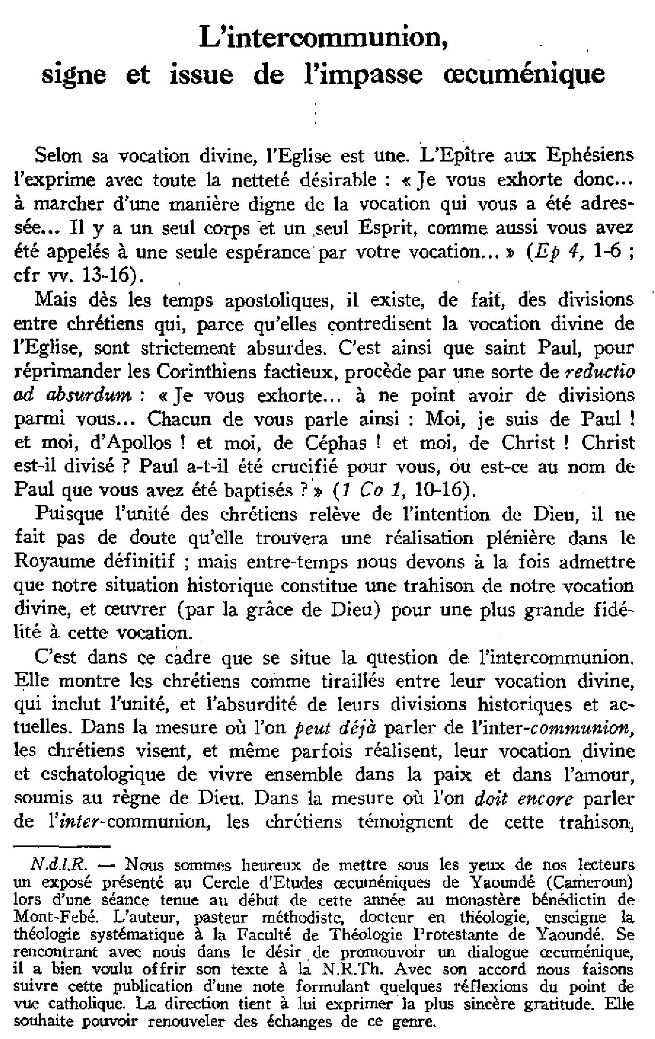 L'intercommunion, signe et issue de l'impasse oecuménique
