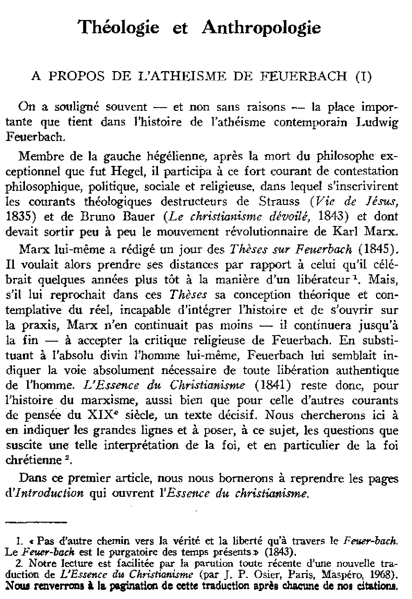 Théologie et Anthropologie. À propos de l'athéisme de Feuerbach (I) (à suivre)