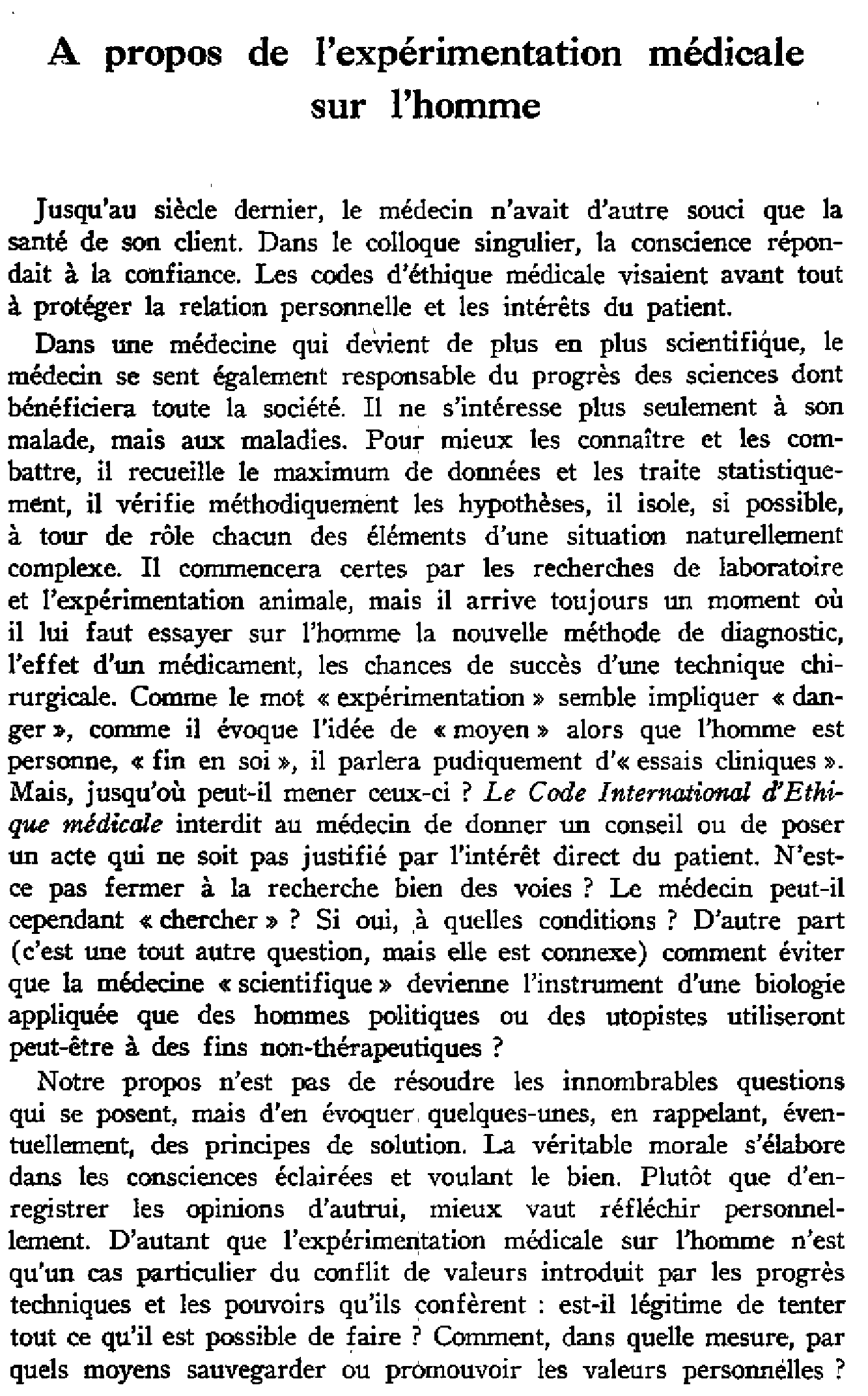 À propos de l'expérimentation médicale sur l'homme