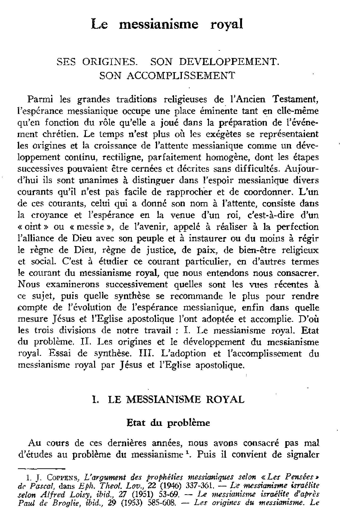 Le messianisme royal (I). Ses origines, son développement, son accomplissement