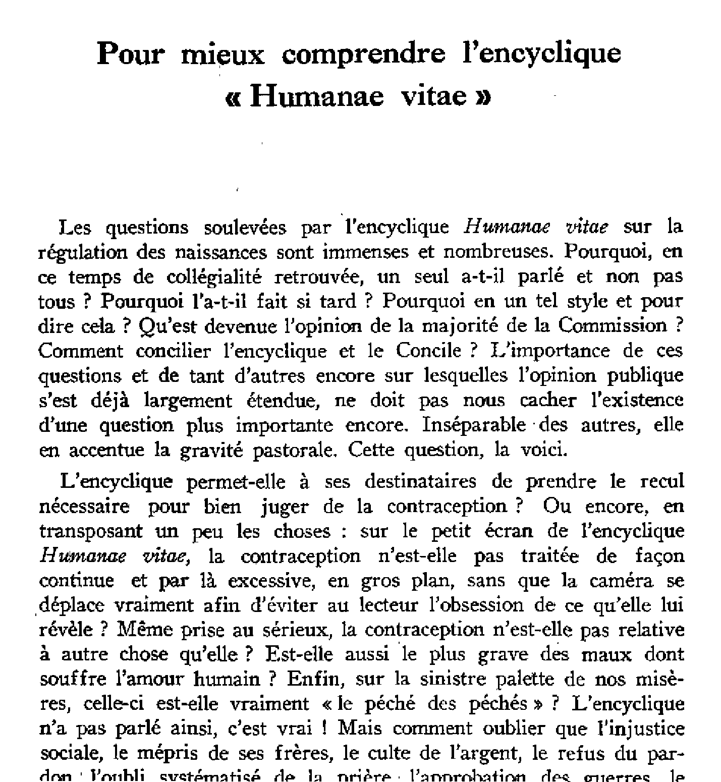 Pour mieux comprendre l'encyclique Humanae vitae (à suivre)