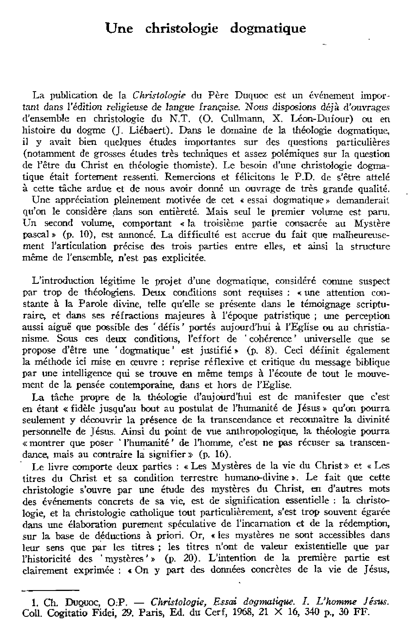Une christologie dogmatique. À propos d'un livre récent