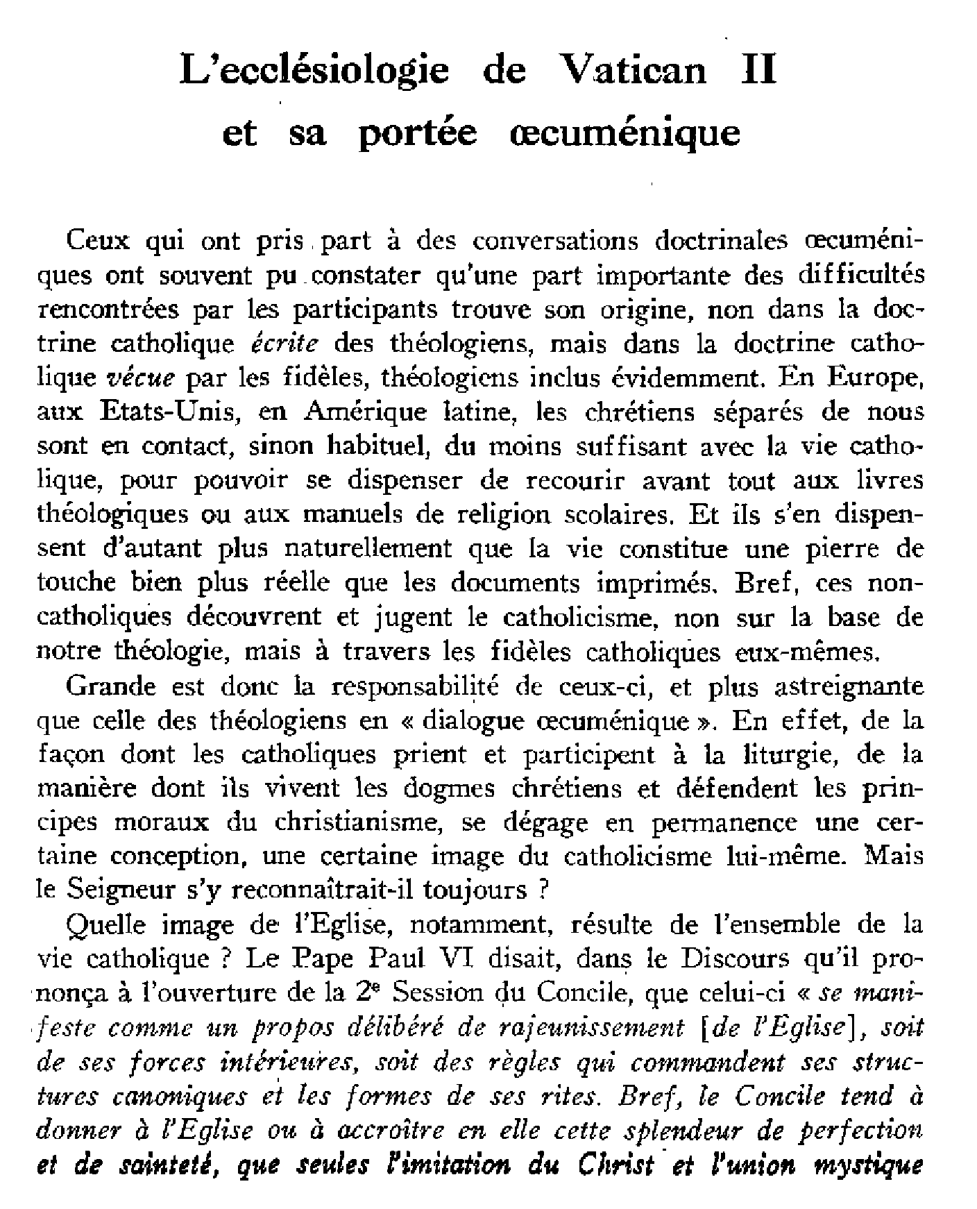 L'ecclésiologie de Vatican II et sa portée oecuménique