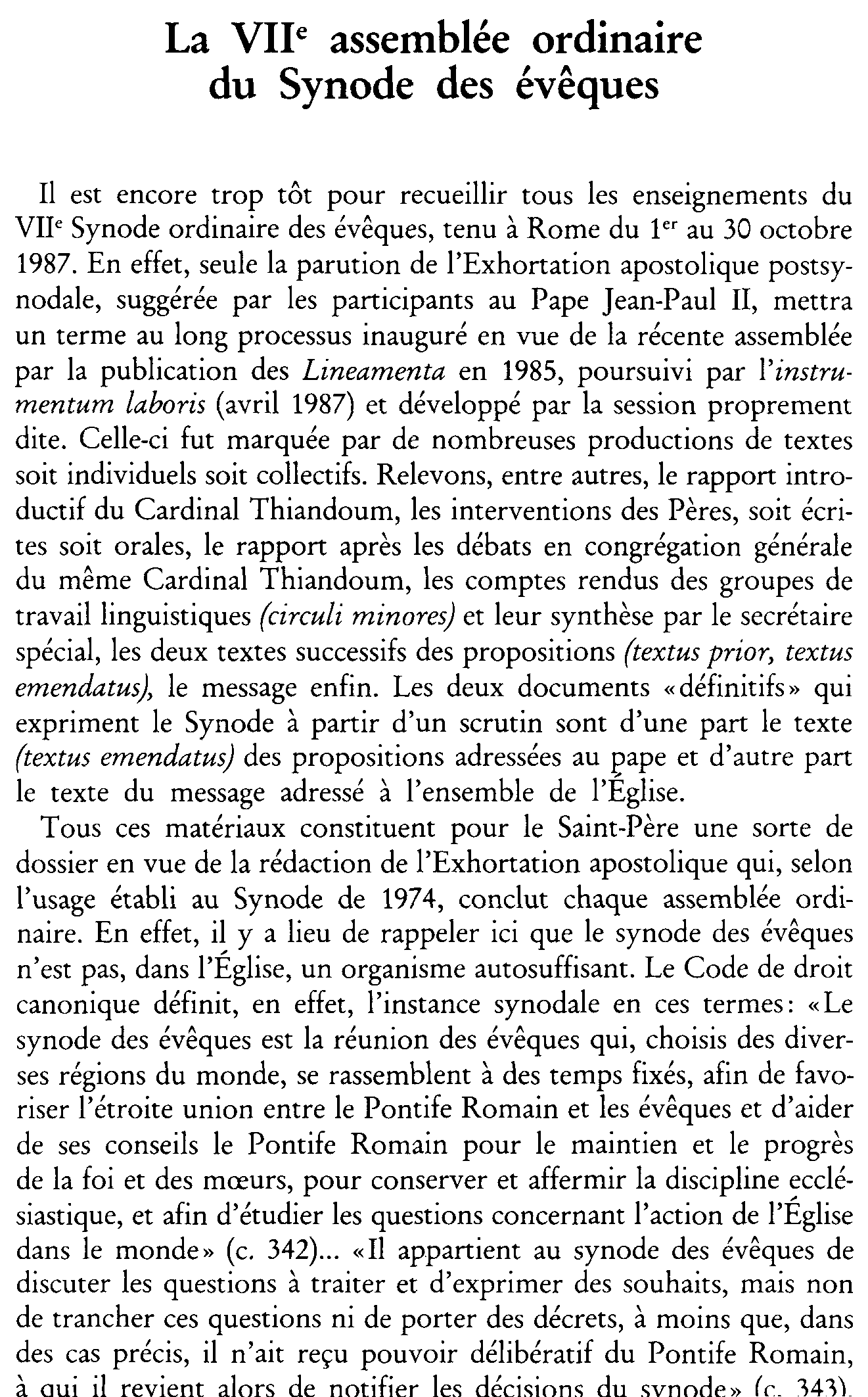 La VIIe assemblée ordinaire du Synode des évêques
