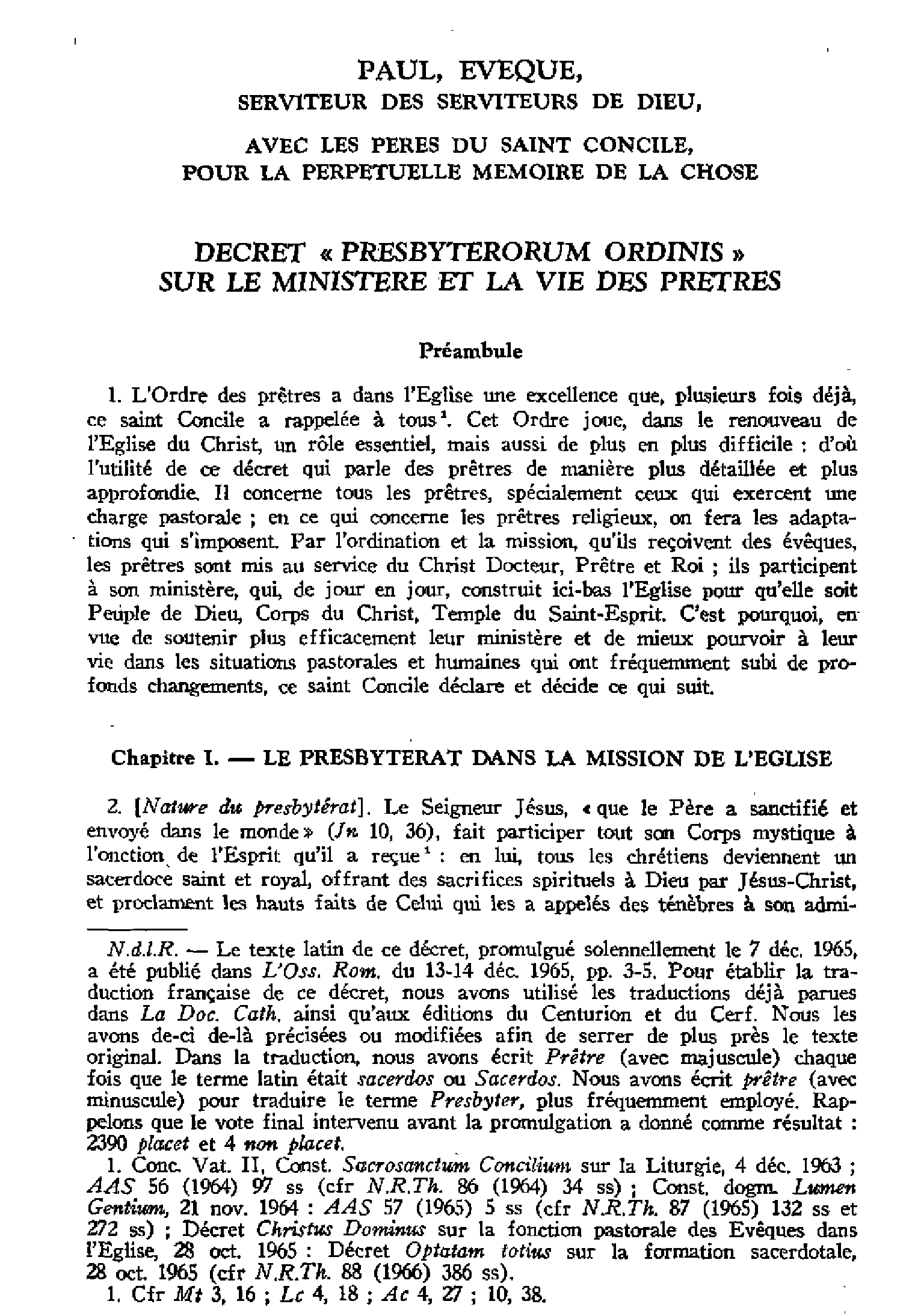 Décret Presbyterorum ordinis sur le ministère et la vie des prêtres. Traduction française