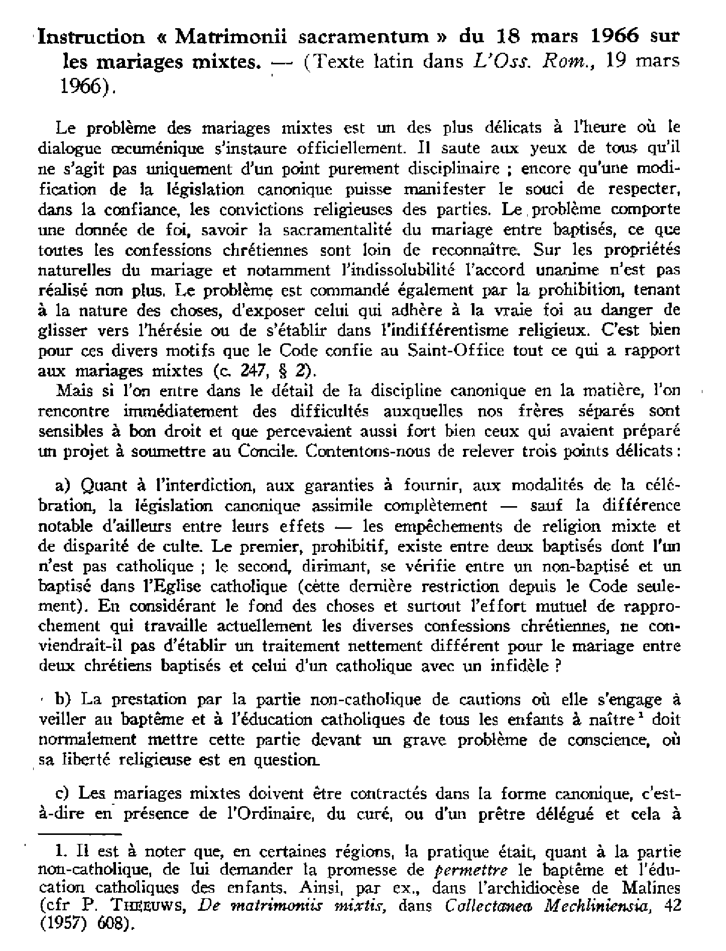 Instruction Matrimonii sacramentum du 18 mars 1966 sur les mariages mixtes