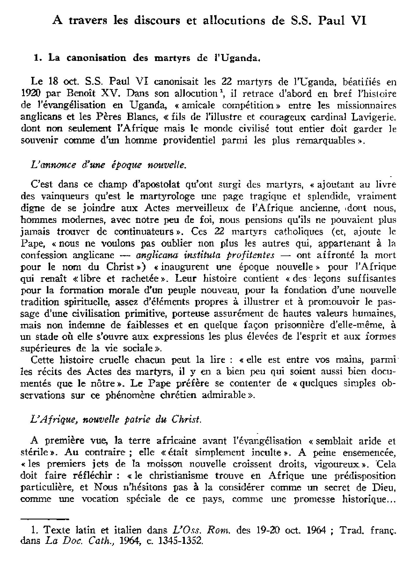 À travers les discours et allocutions de S.S. Paul VI