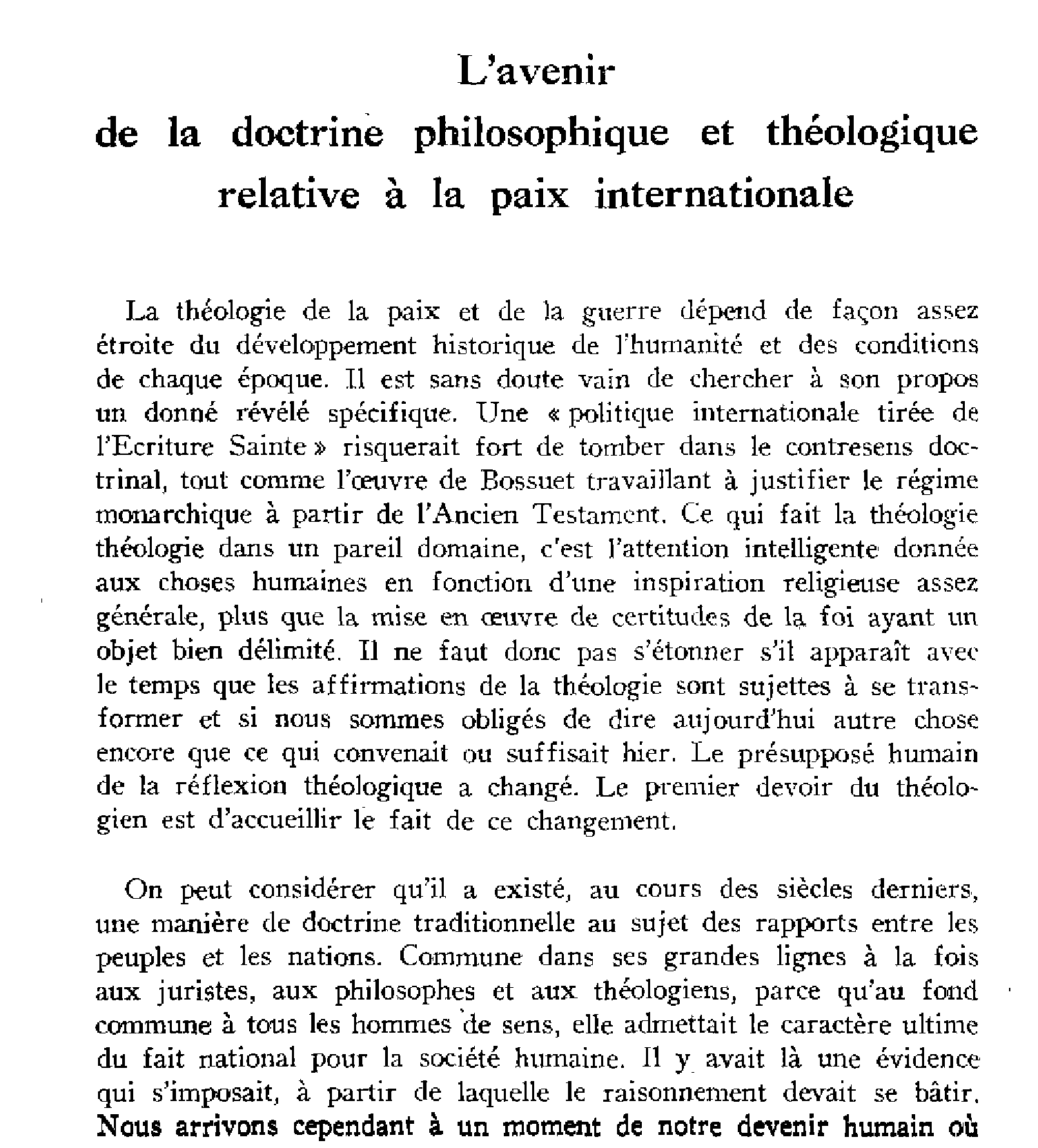 L'avenir de la doctrine philosophie et théologique relative à la paix internationale
