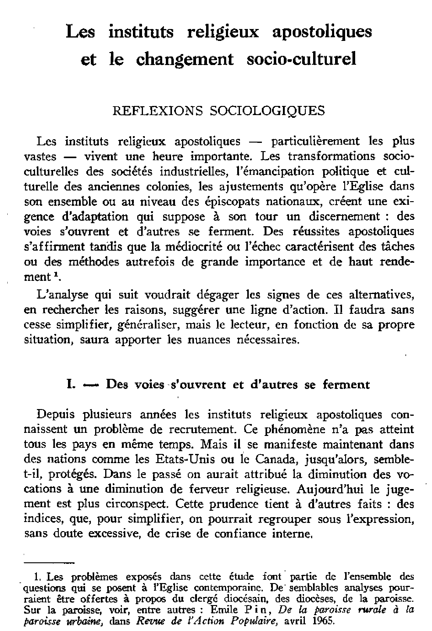 Les instituts religieux apostoliques et le changement socio-culturel