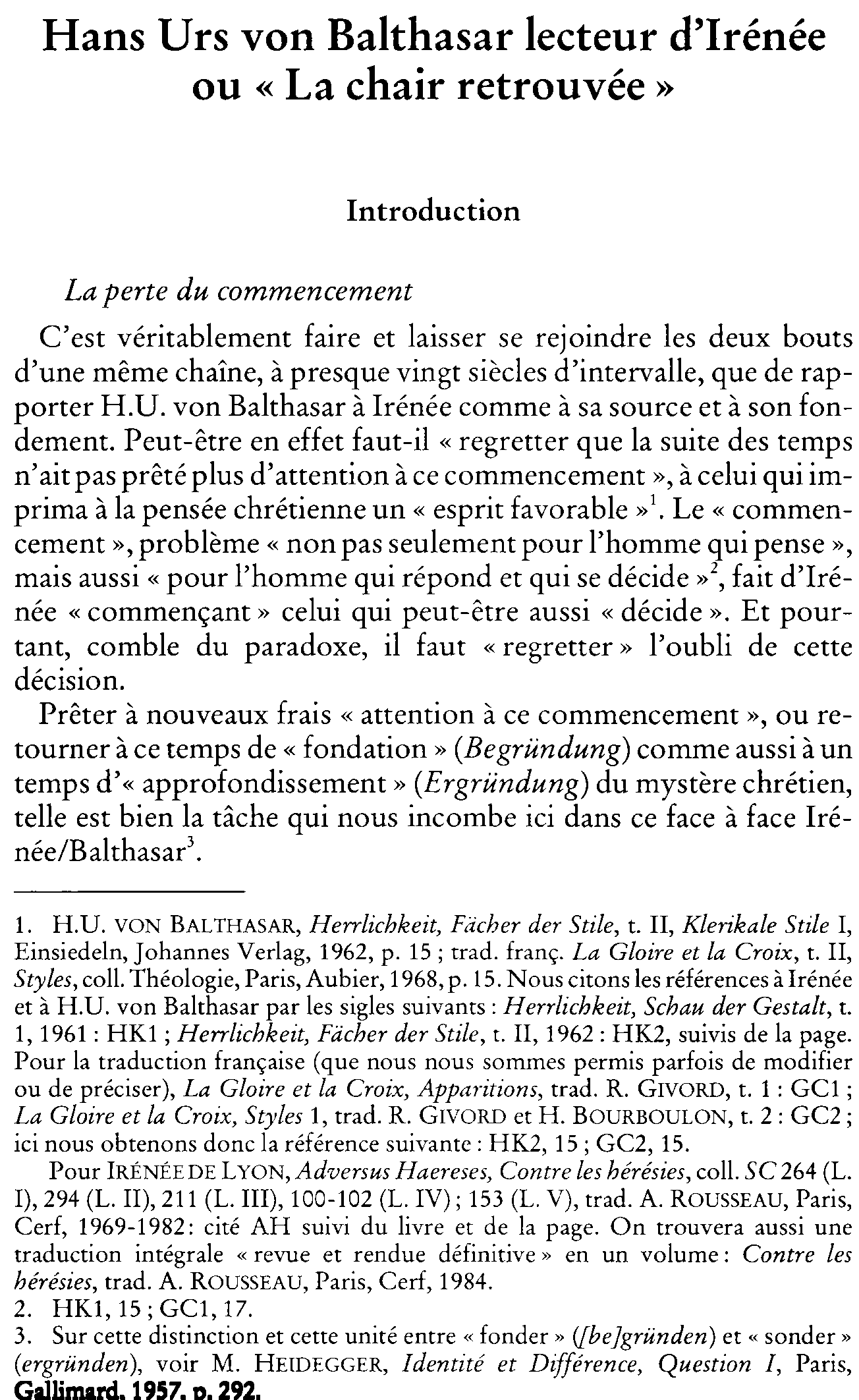 Hans Urs von Balthasar lecteur d'Irénée ou «La chair retrouvée»