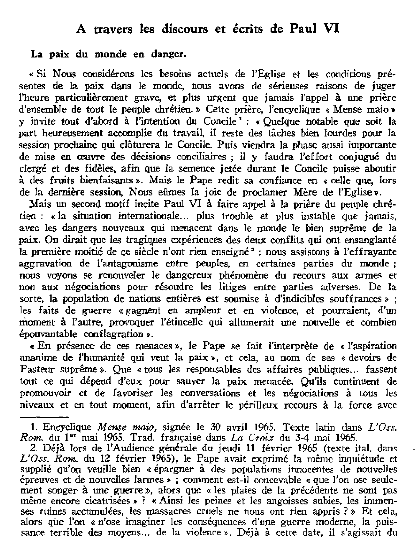 À travers les discours et écrits de Paul VI