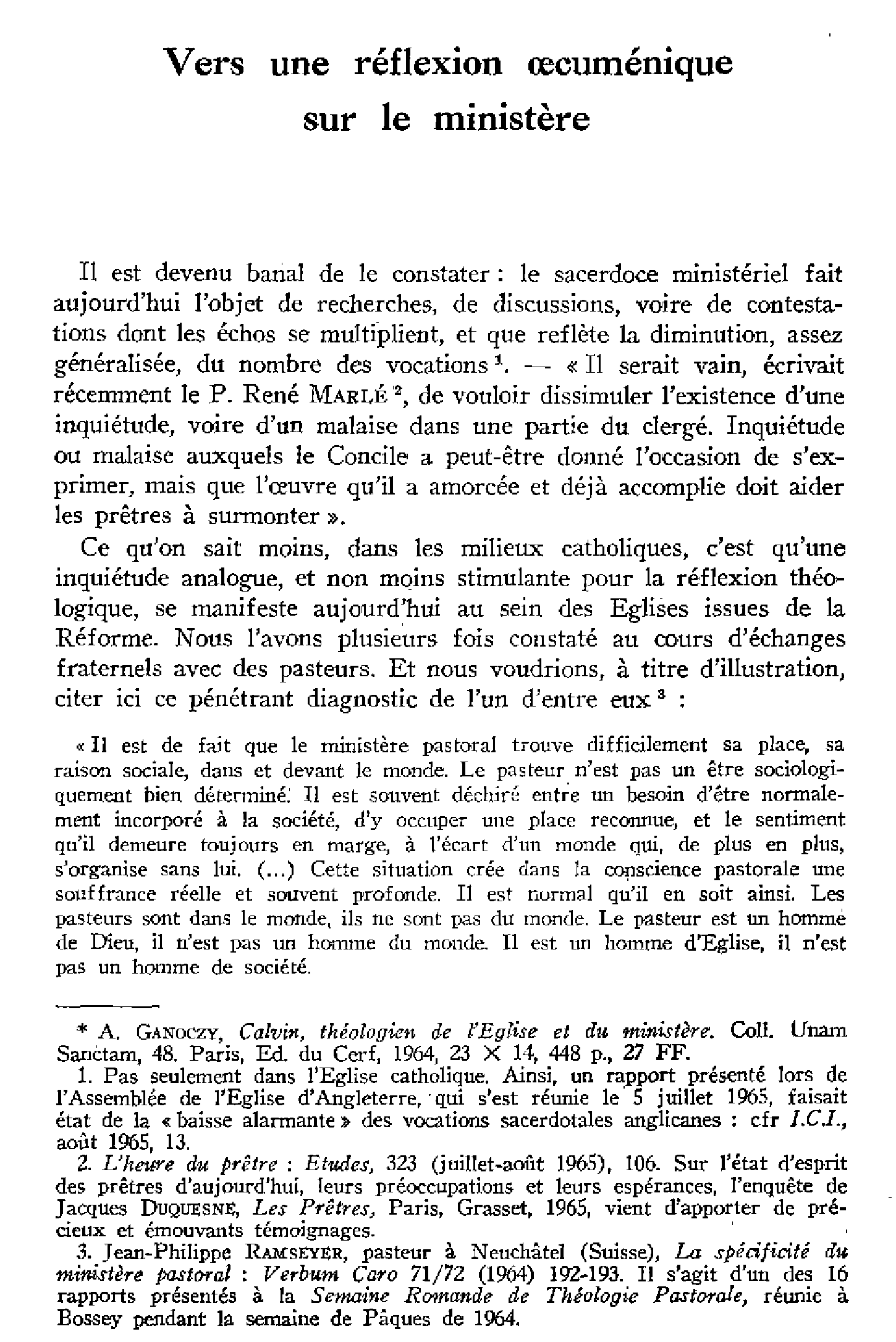 Vers une réflexion oecuménique sur le ministère. À propos d'un livre récent