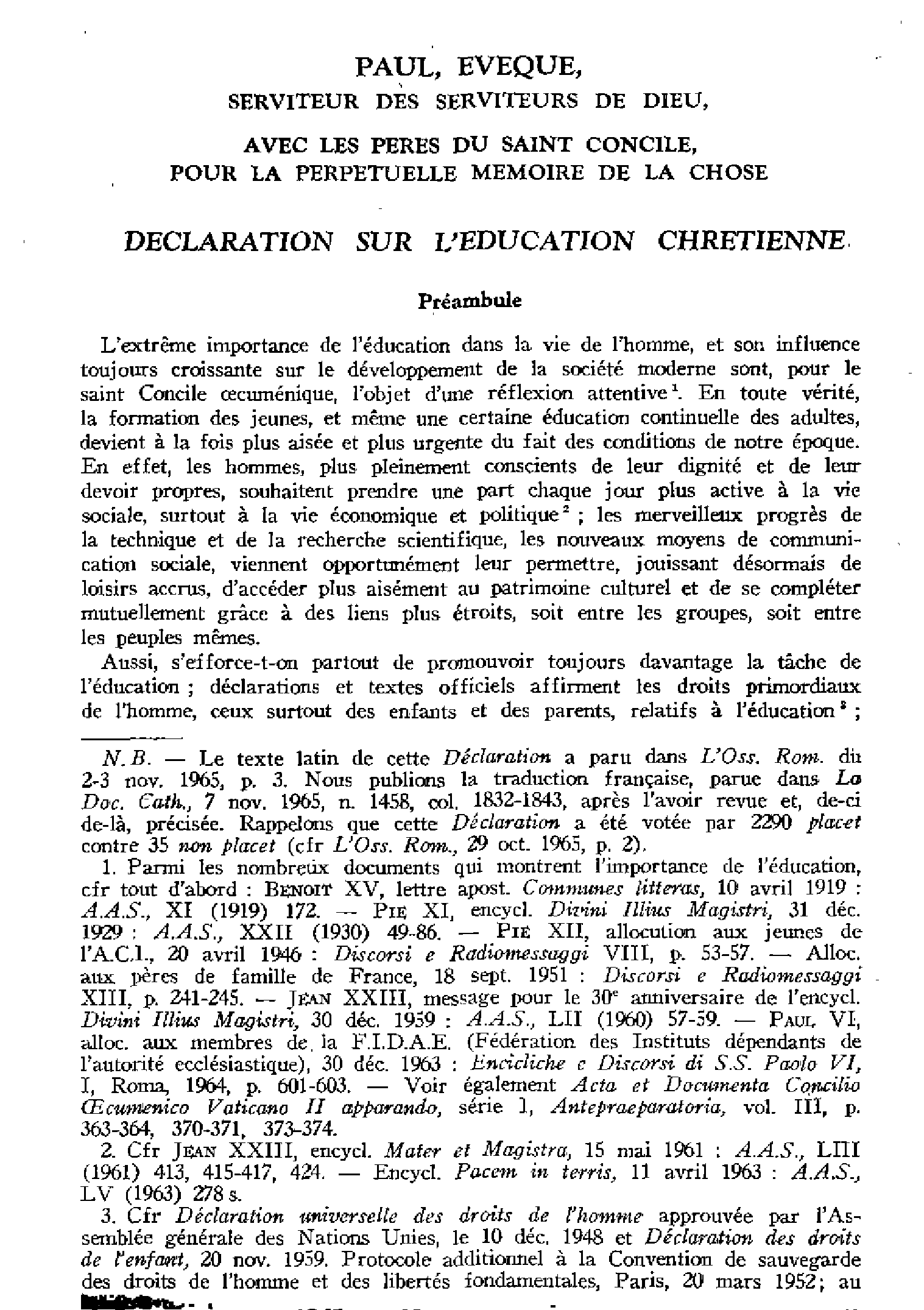 Déclaration sur l'éducation chrétienne. Traduction française