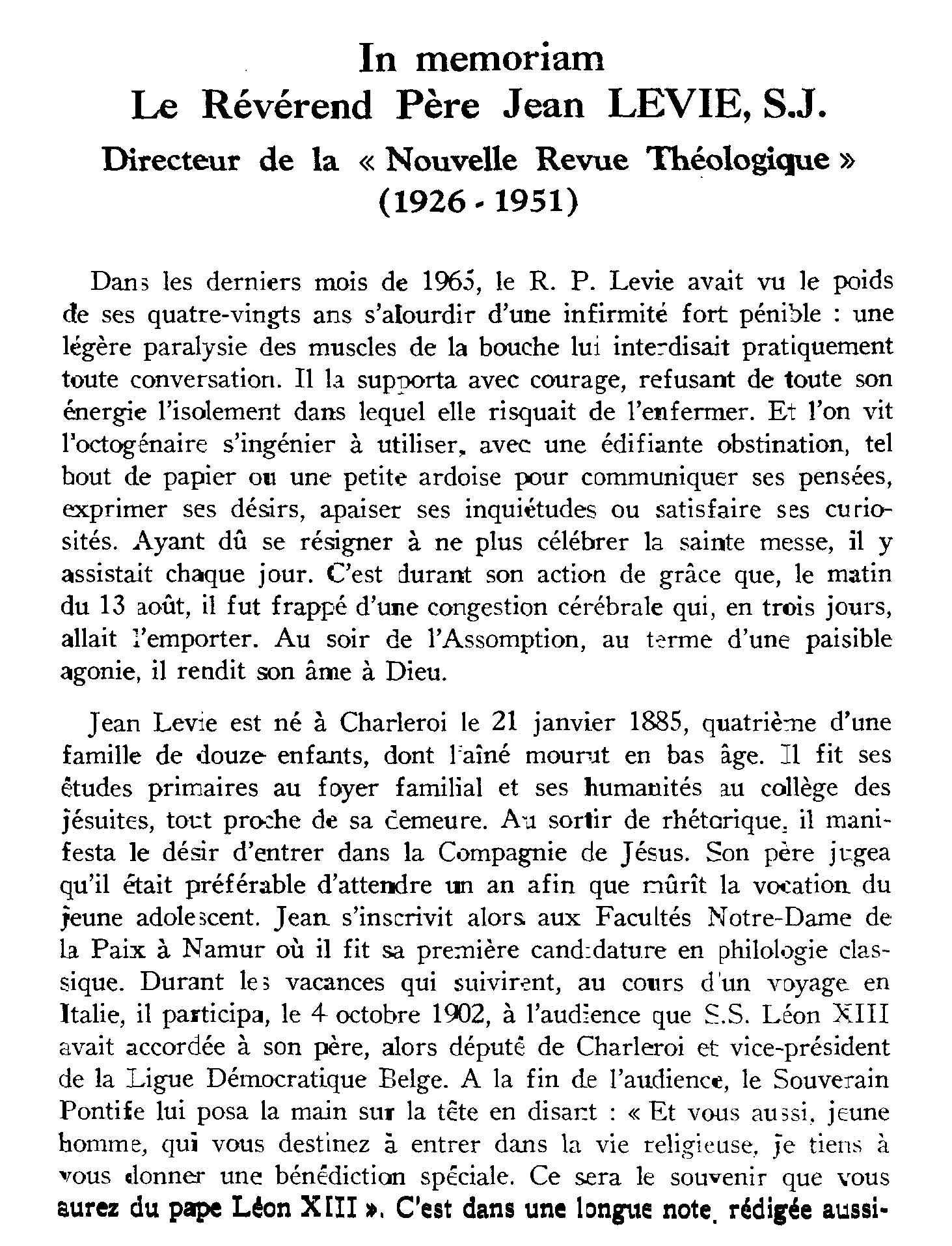 In memoriam Le Révérend Père Jean Levies, sj. Directeur de la Nouvelle Revue Théologique (1926-1951)