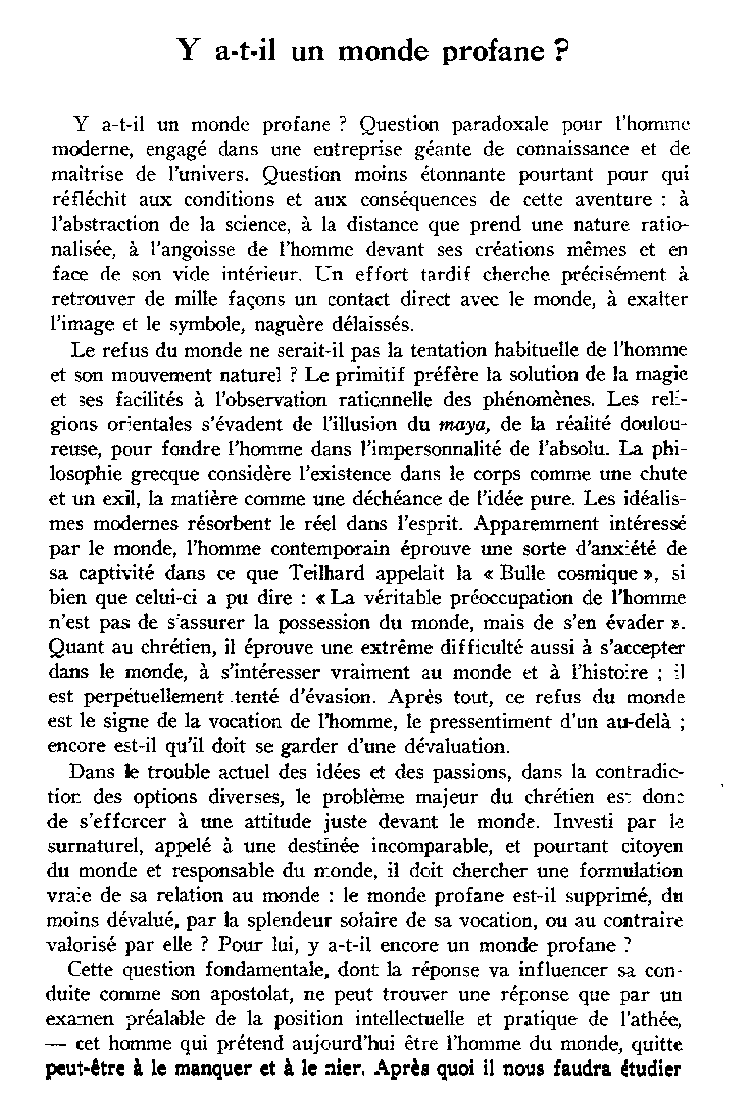 Y a-t-il un monde profane?