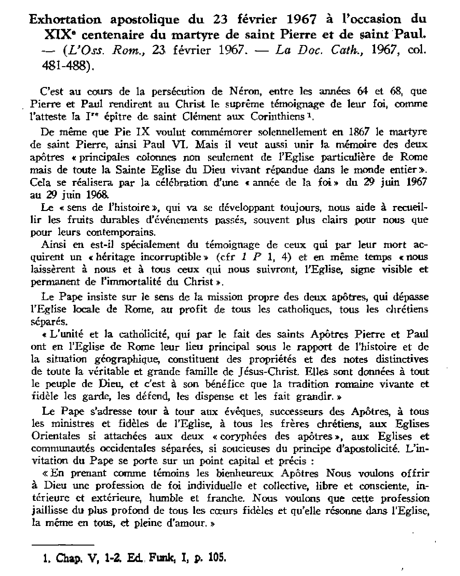 Exhoratation apostolique du 23 fév. 1967 à l'occasion du XIX centenaire du martyre de saint Pierre et de saint Paul