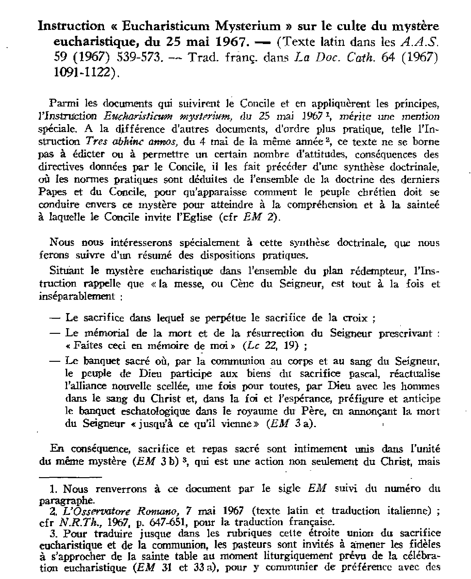 Instruction Eucharisticum mysterium sur le culte du mystère eucharistique du 25 mai 1967