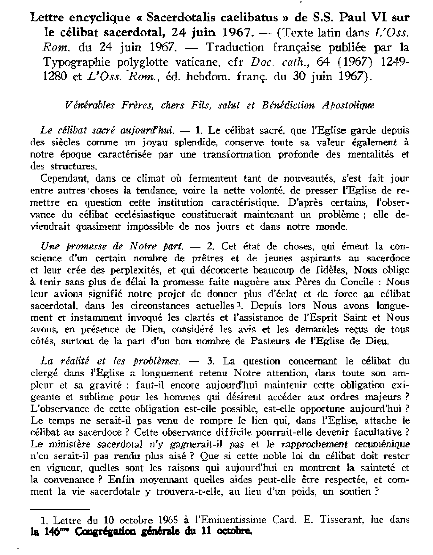 Lettre encyclique Sacerdotalis caelibatus de SS Paul VI sur le célibat sacerdotal (24 juin 1967)