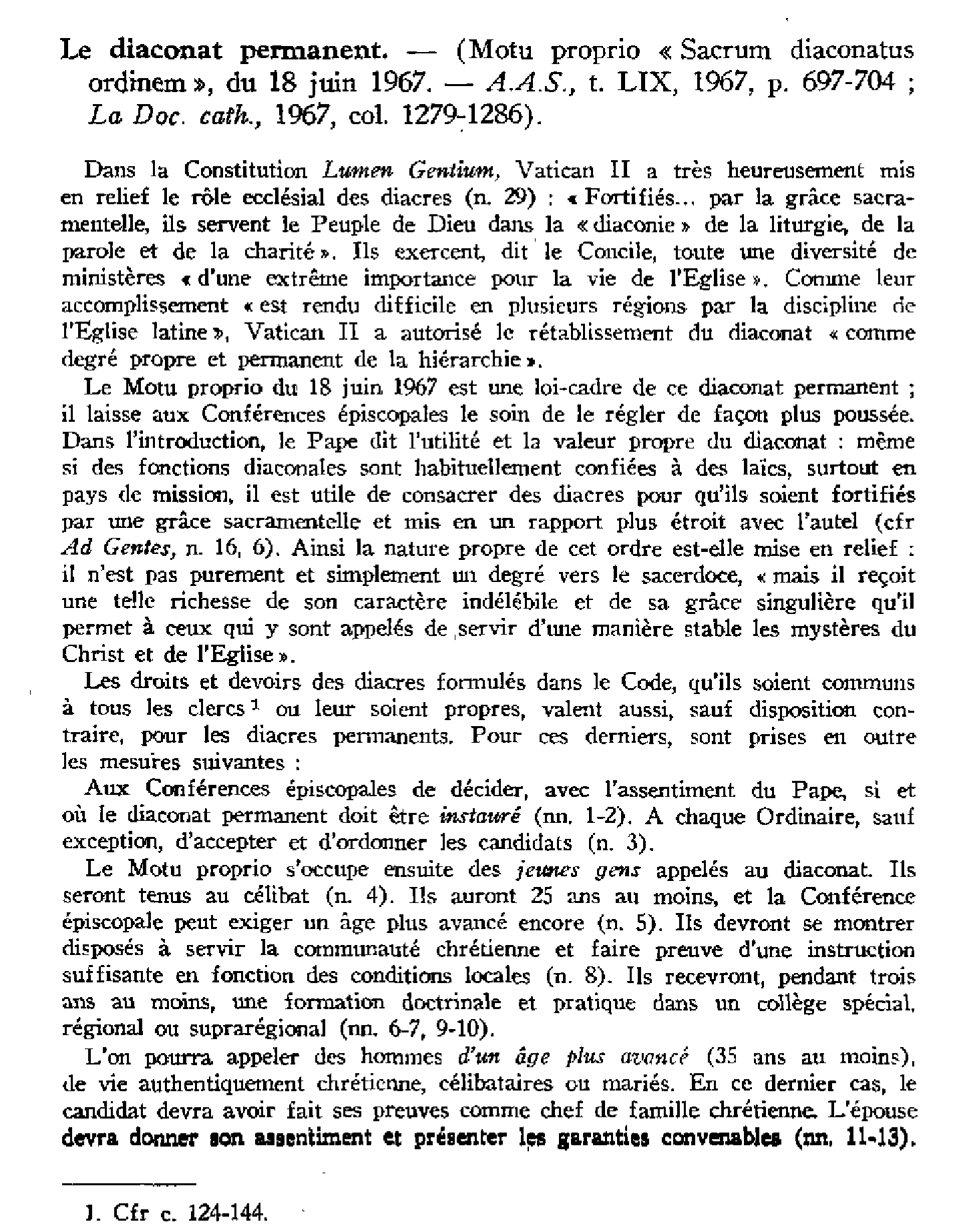 Le diaconat permanent (Motu proprio Sacrum diaconatus ordinem du 18 juin 1967)