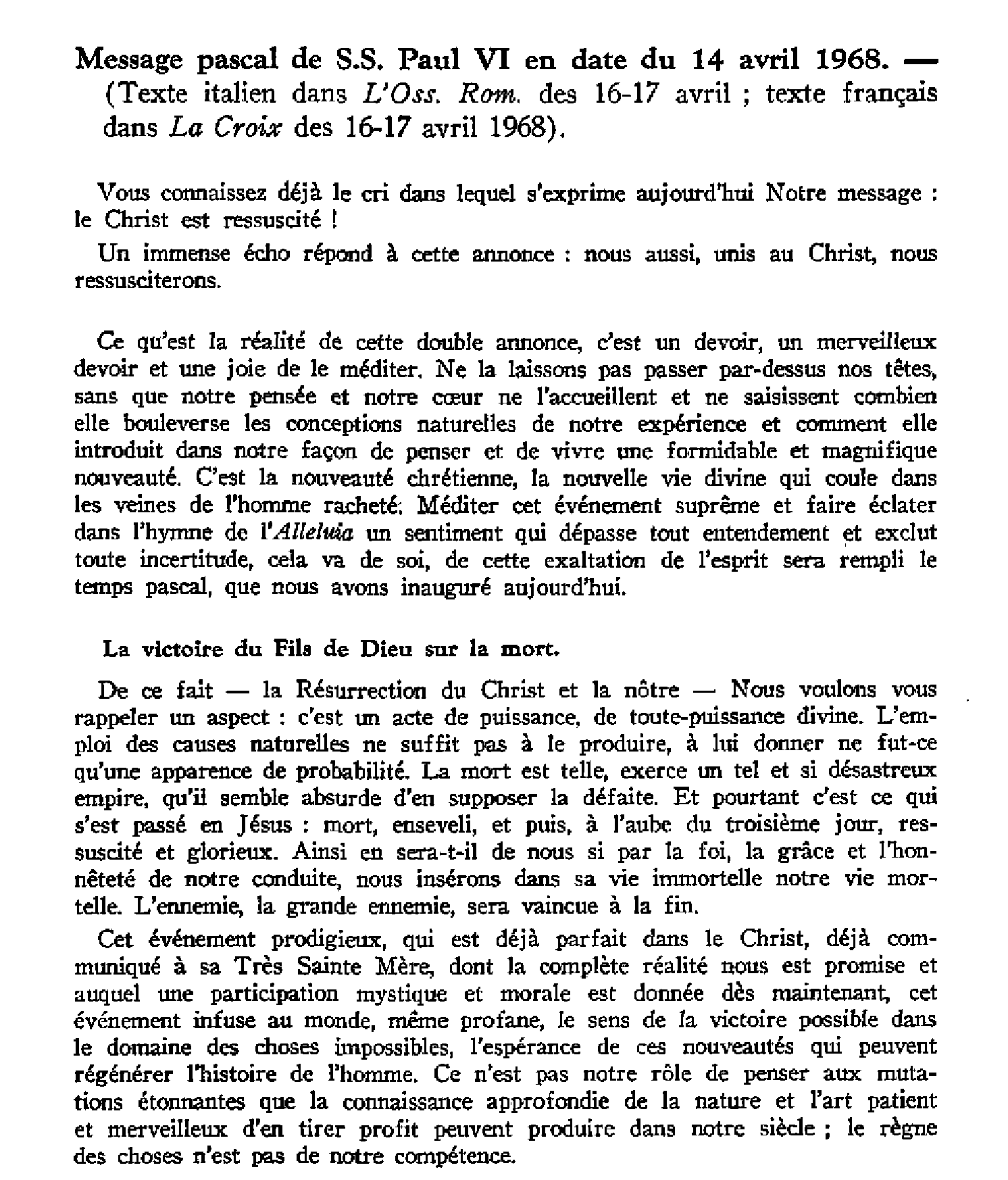 Message pascal de SS Paul VI (14 avril 1968)