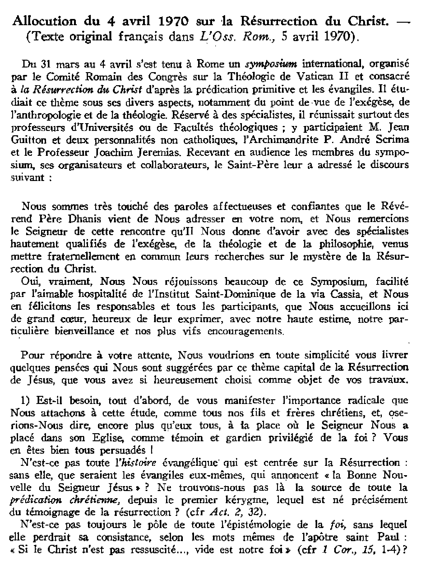 Allocution de SS Paul VI sur la Résurrection du Christ (4 avril 1970)