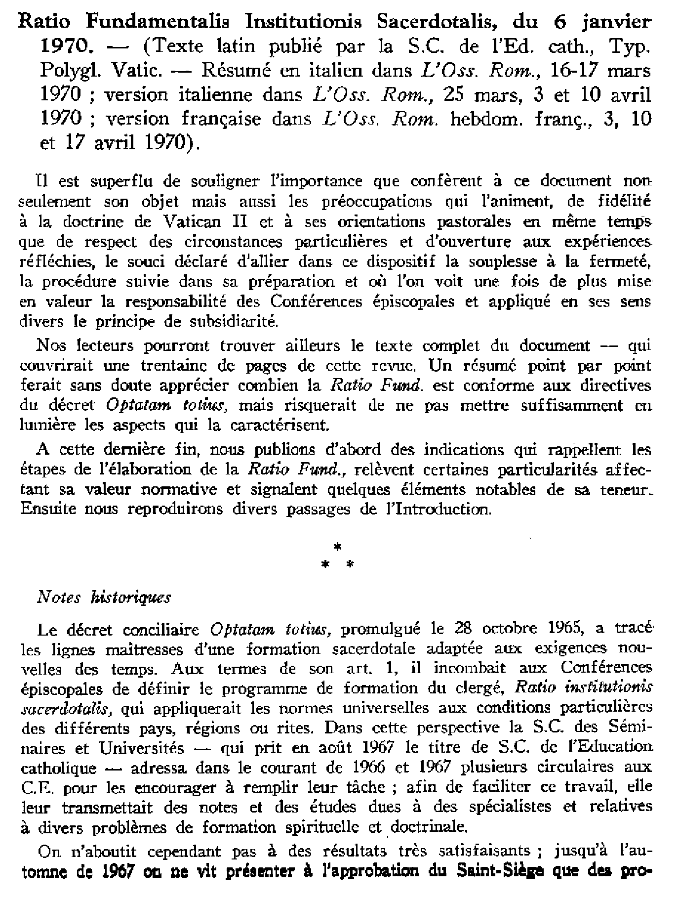 Ratio Fondamentalis Sacerdotalis, de la S. Congrégation de l'Éducation Catholique (6 janv. 1970)