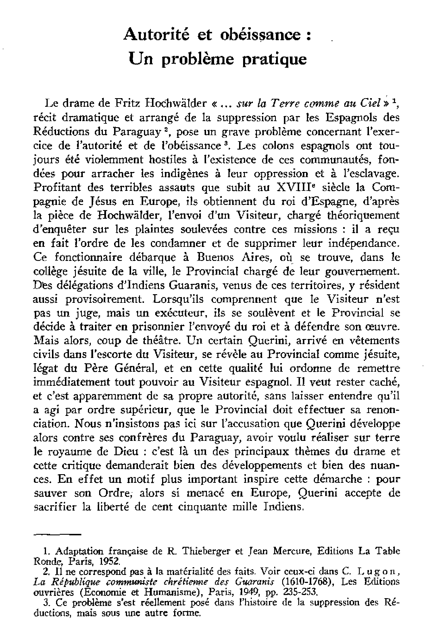 Autorité et obéissance. Un problème pratique
