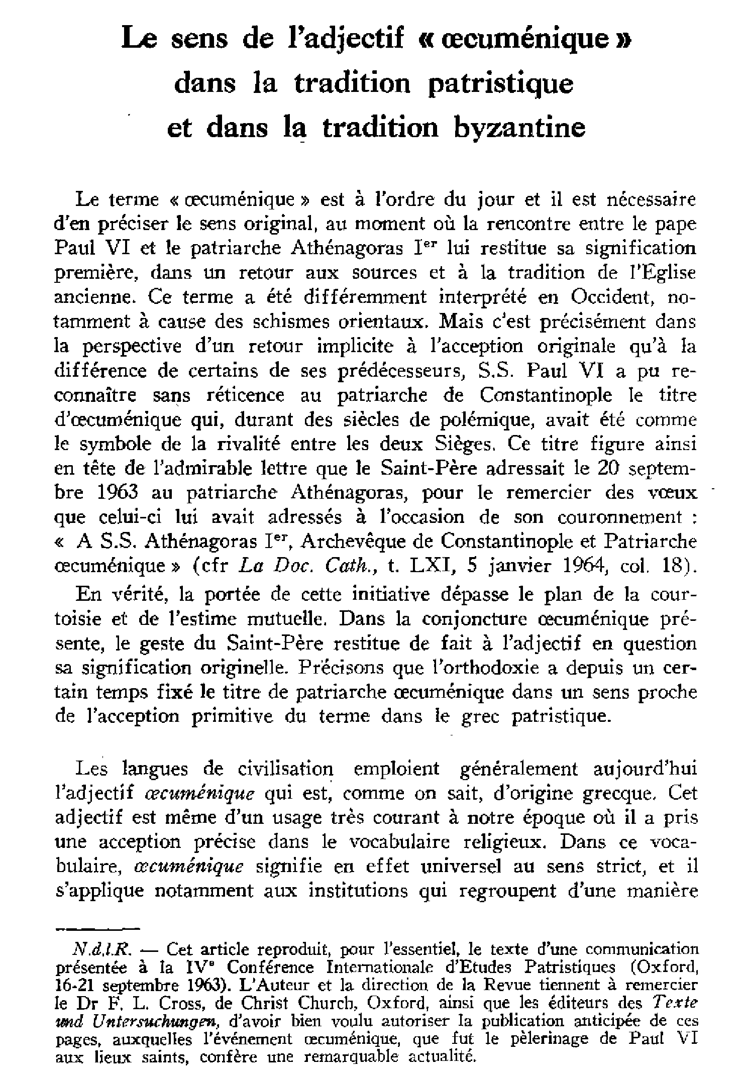 Le sens de l'adjectif «oecuménique» dans la tradition patristique et dans la tradition byzantine