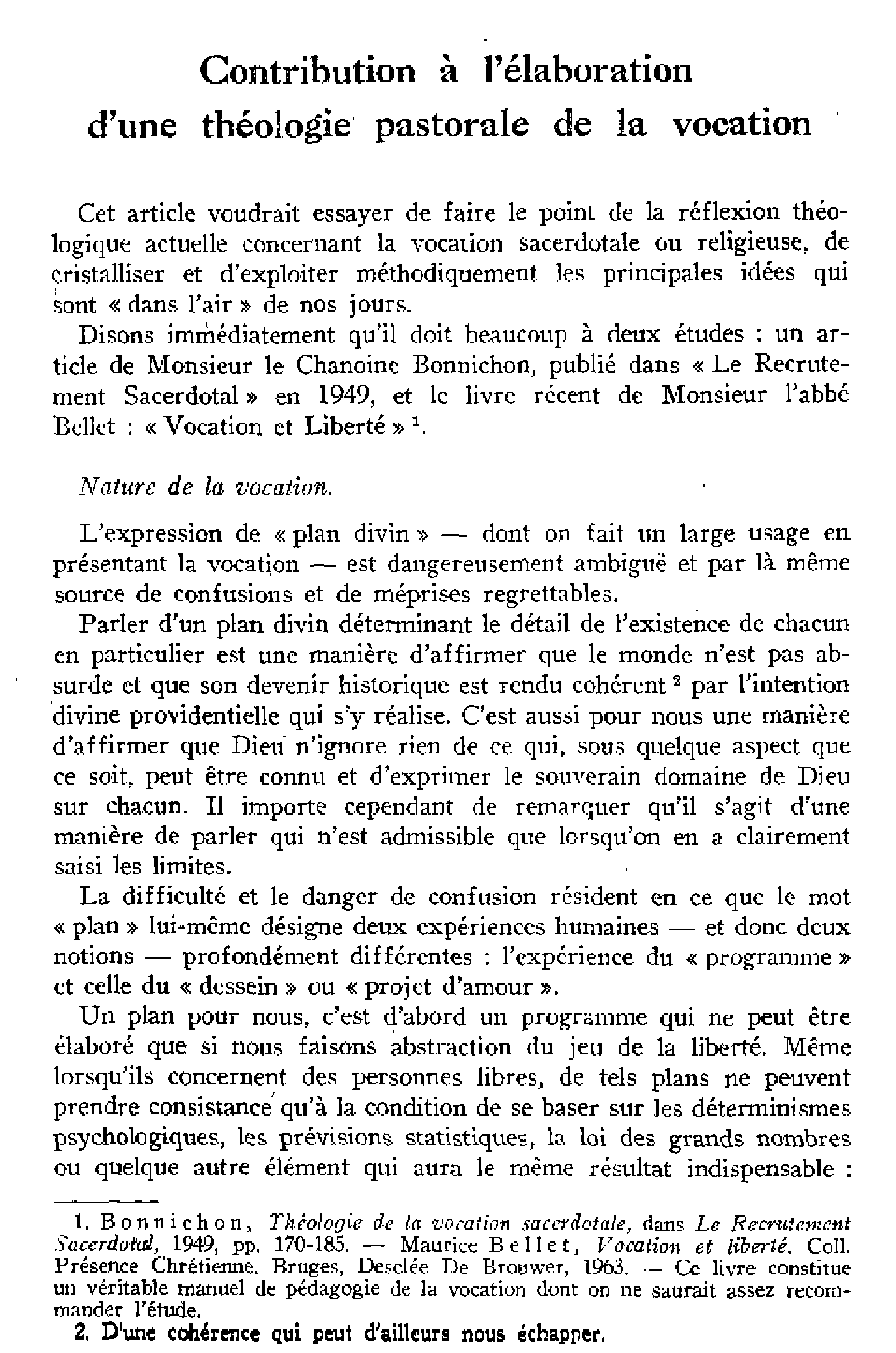 Contribution à l'élaboration d'une théologie pastorale de la vocation