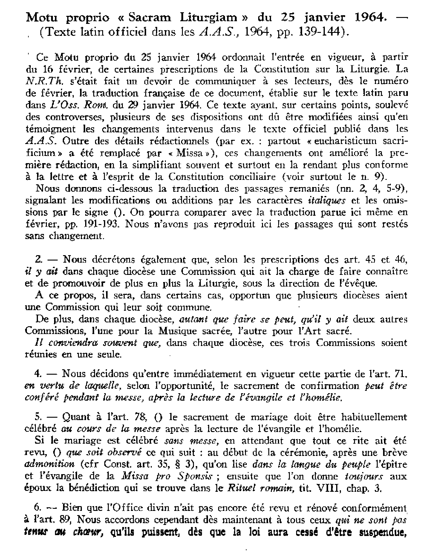 Motu proprio Sacram Liturgiam du 25 janv. 1964