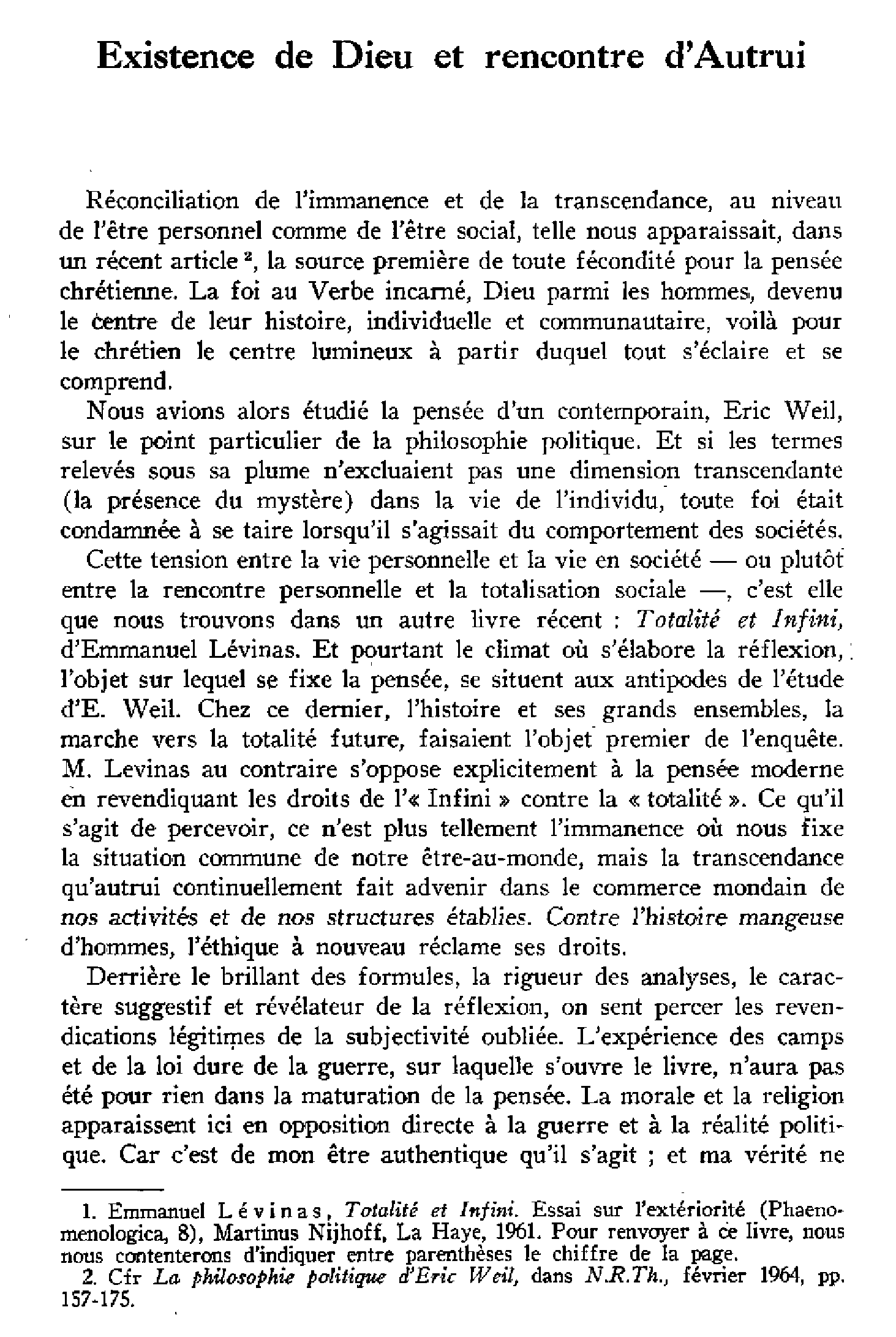 Existence de Dieu et rencontre d'Autrui. À propos d'un livre récent