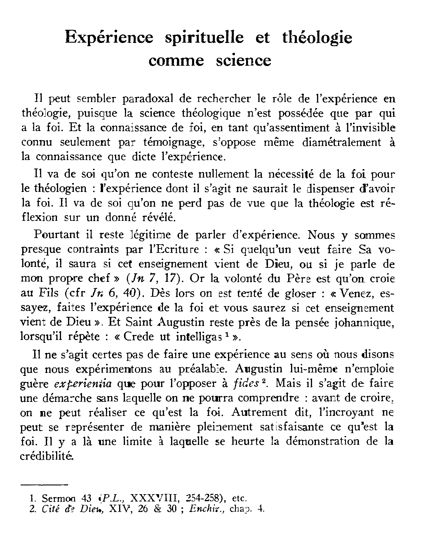 Expérience spirituelle et théologie comme science