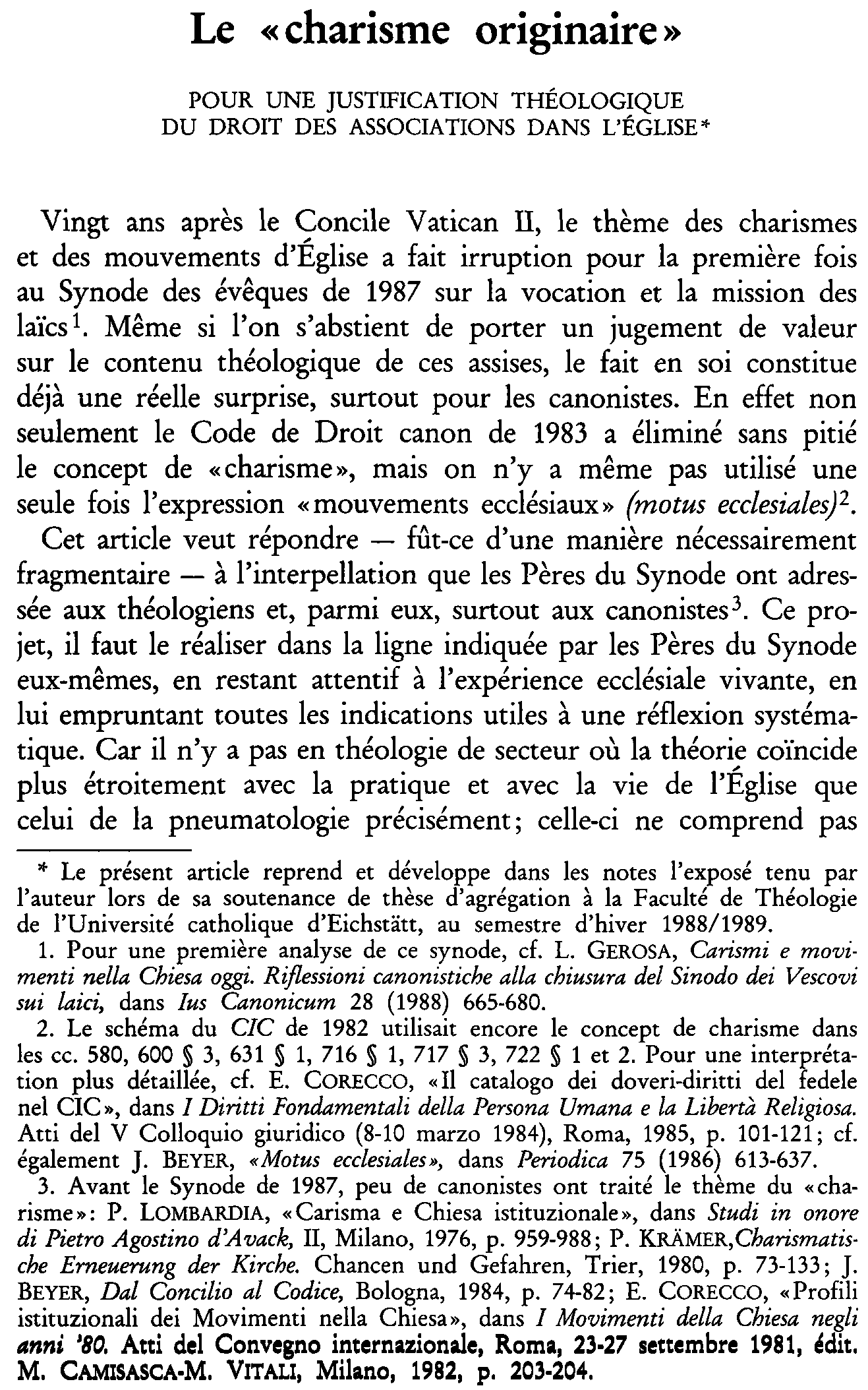 Le «charisme originaire». Pour une justification théologique du droit des associations dans l'Église