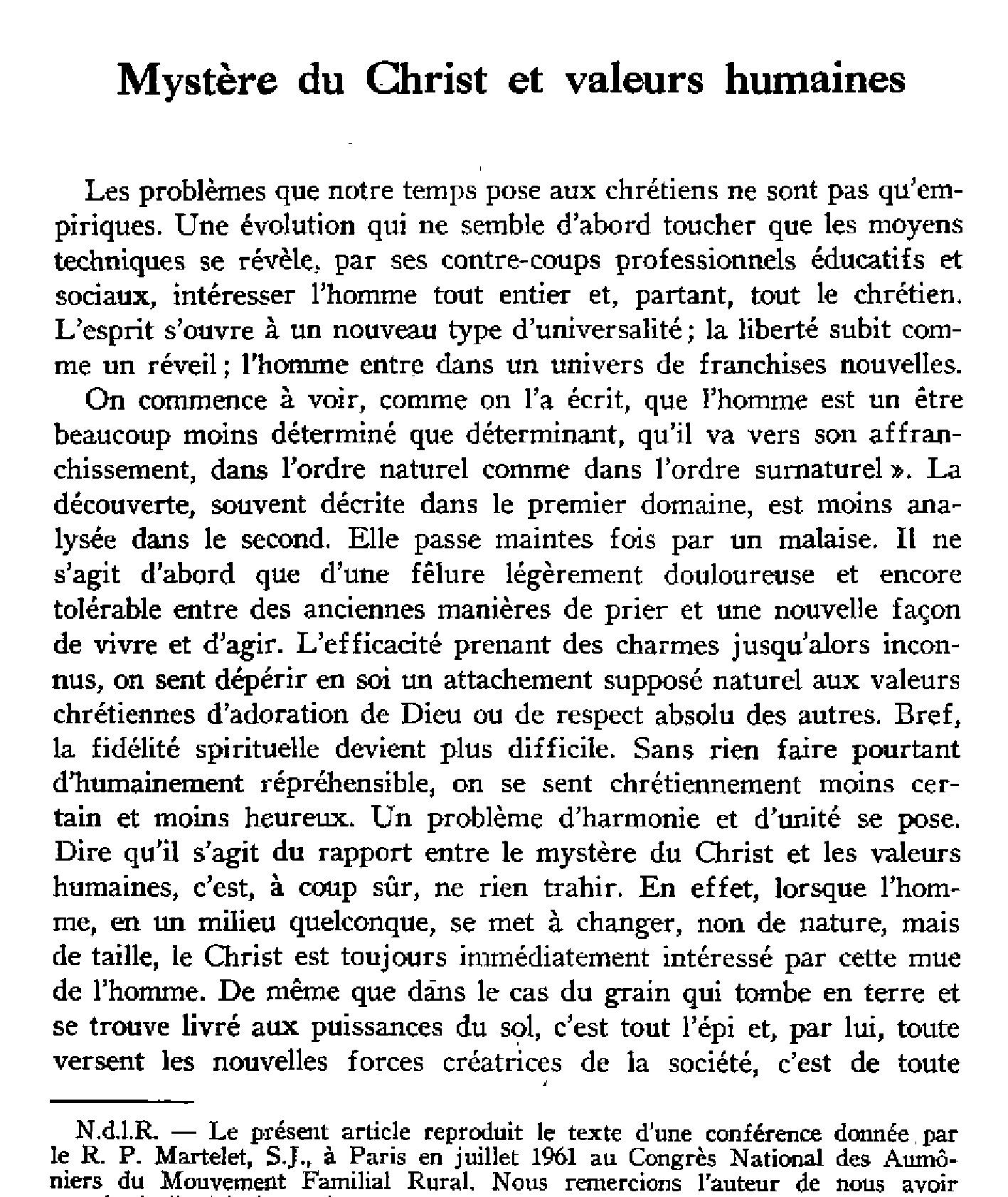 Mystère du Christ et valeurs humaines