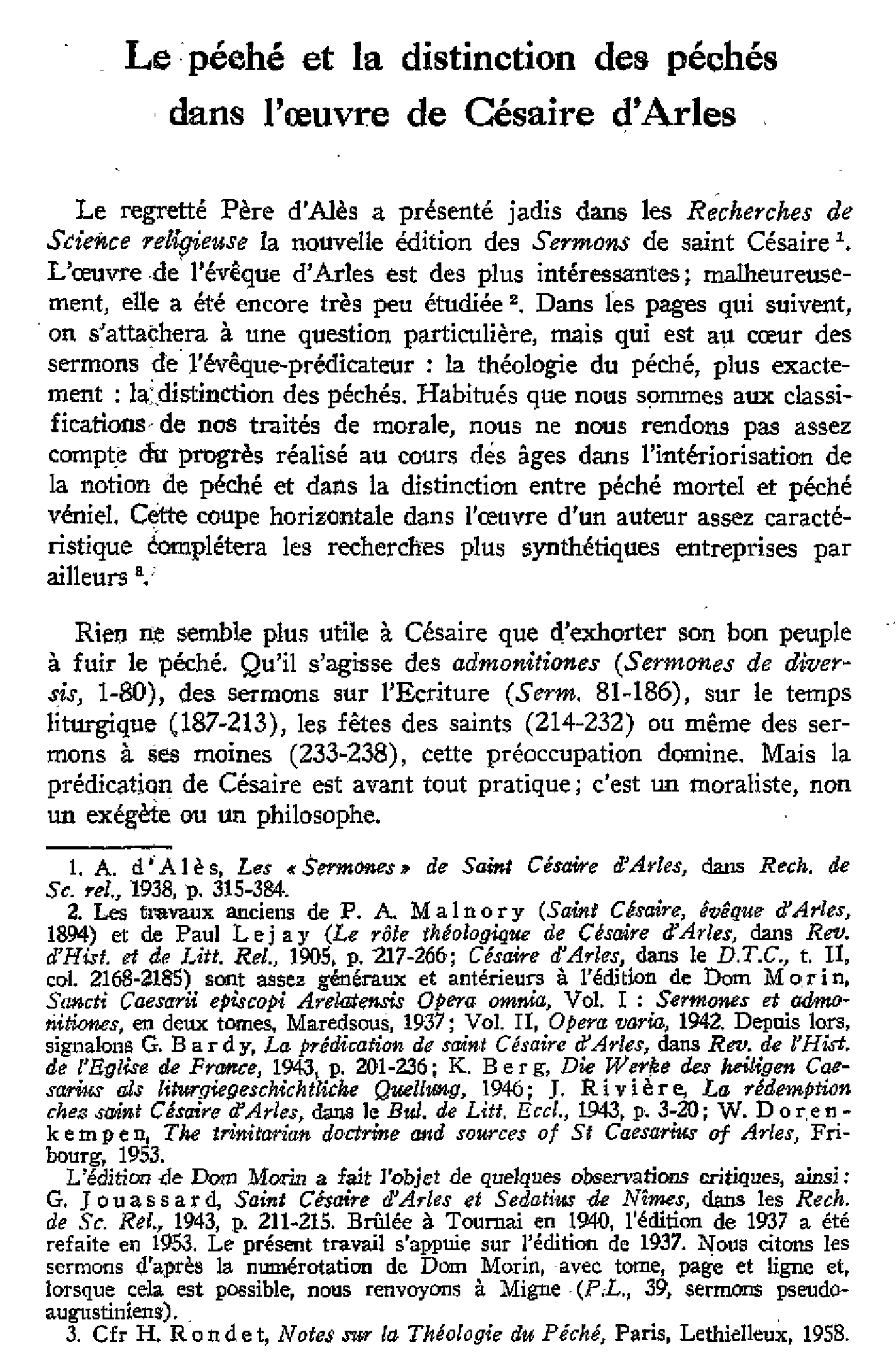 Le péché et la distinction des péchés dans l'oeuvres de Césaire d'Arles