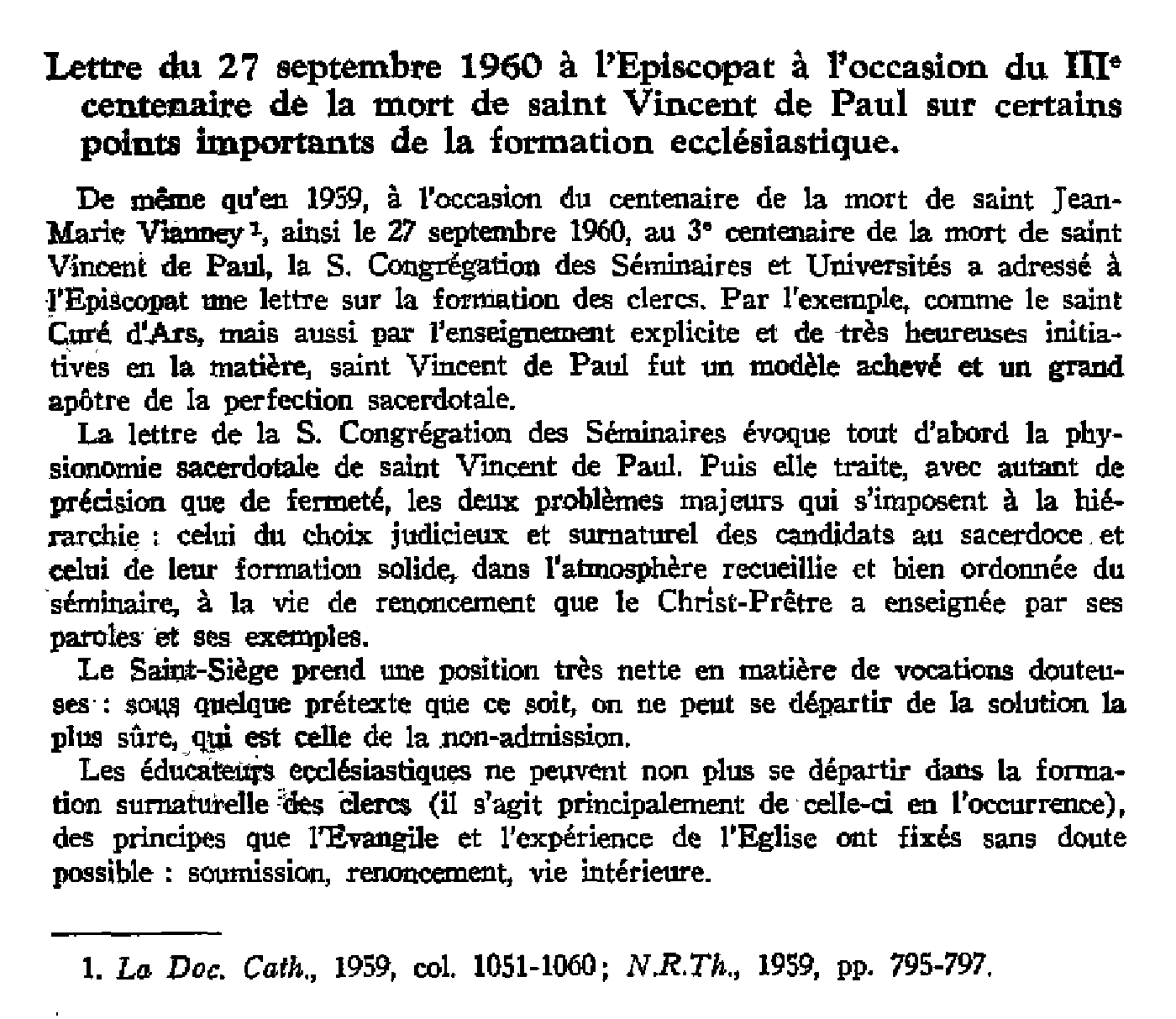Lettre du 27 sept. 1960 à l'occasion du IIIe centenaire de la mort de saint Vincent de Paul sur certains points importants de la formation ecclésiastique