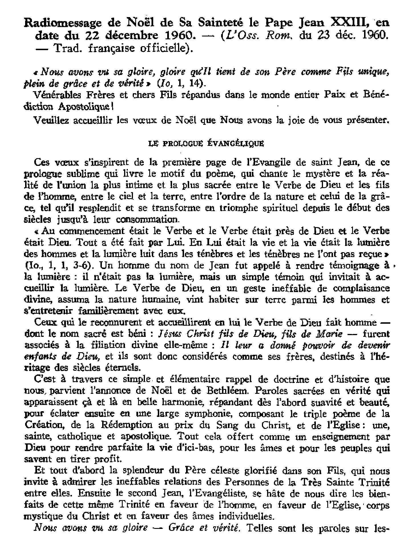 Radiomessage de Noël du pape Jean XXIII (22 déc. 1960)