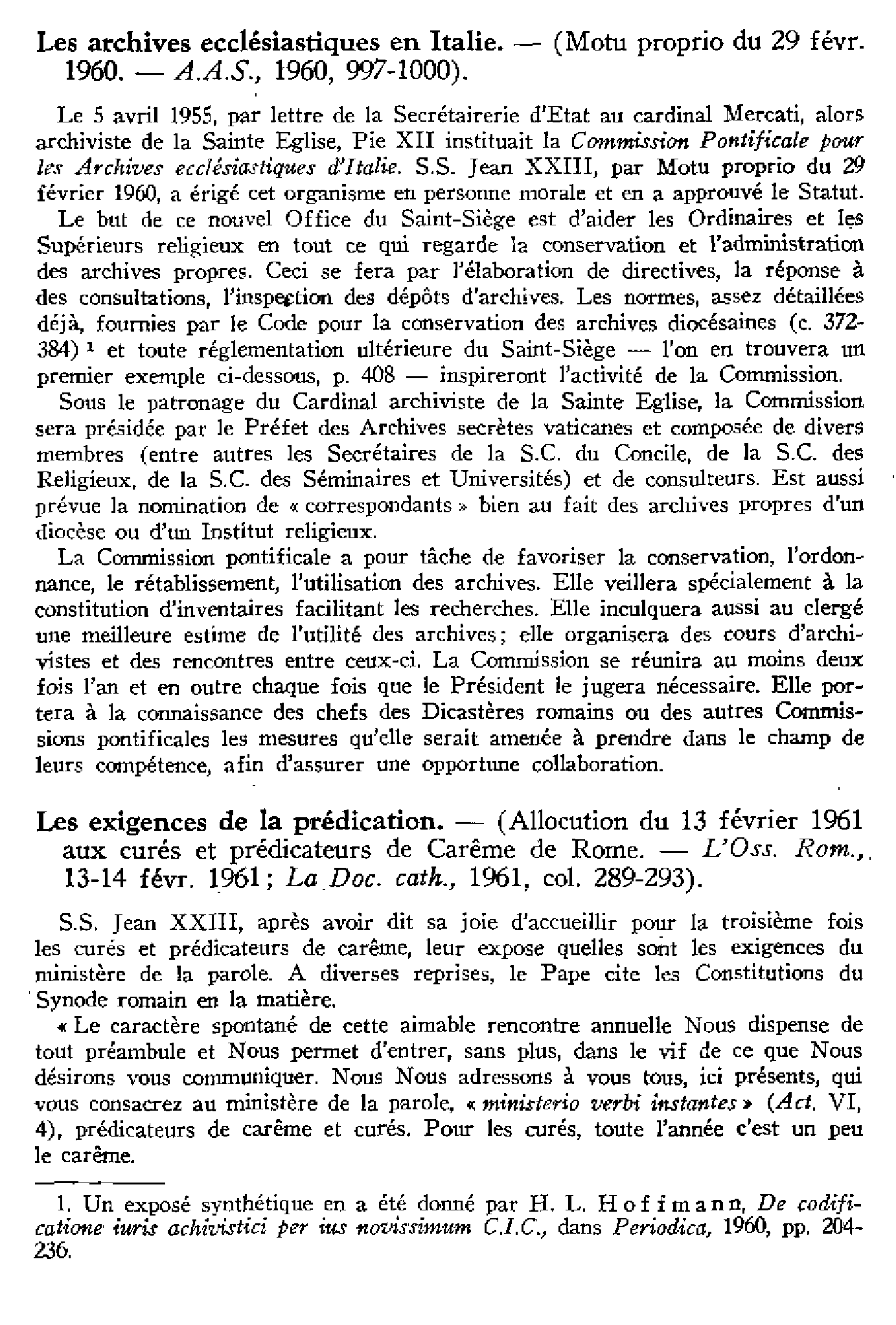 Les archives ecclésiastiques en Italie.Les exigences de la prédication
