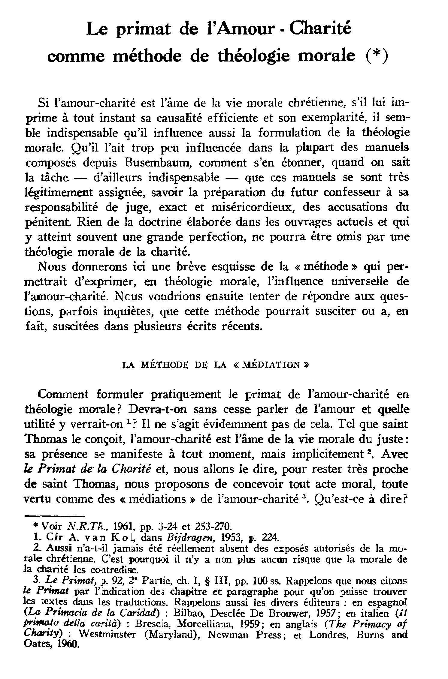 Le primat de l'Amour-Charité comme méthode de théologie morale