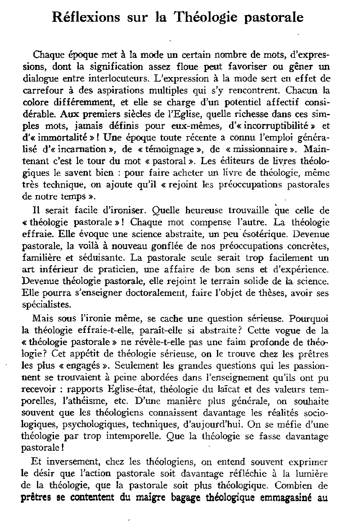 Réflexions sur la théologie pastorale