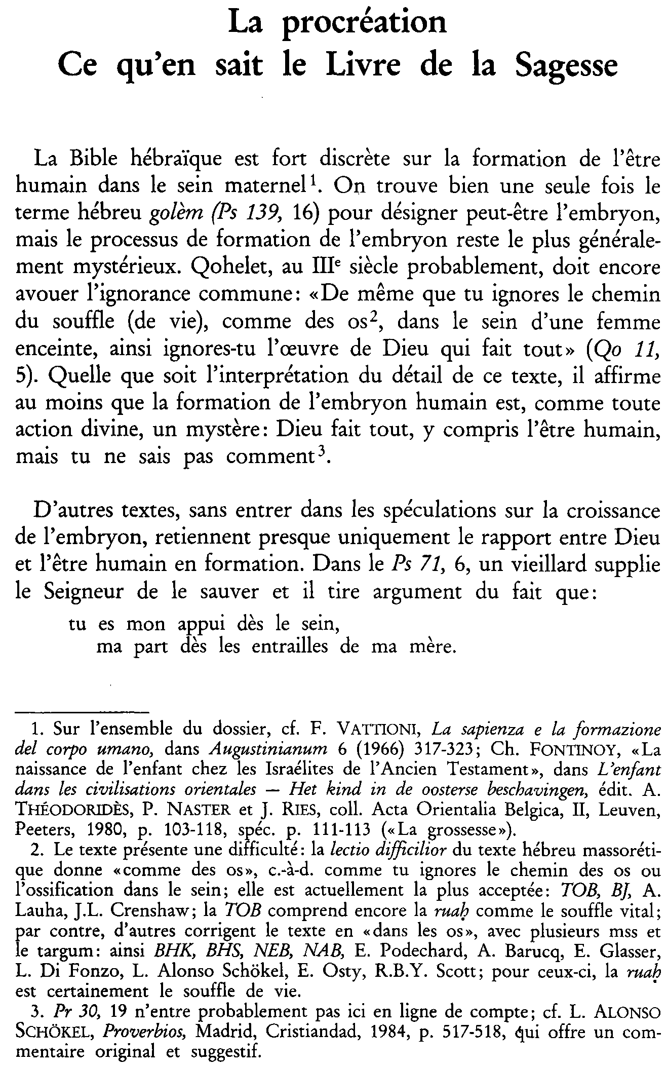 La procréation. Ce qu'en sait le Livre de la Sagesse