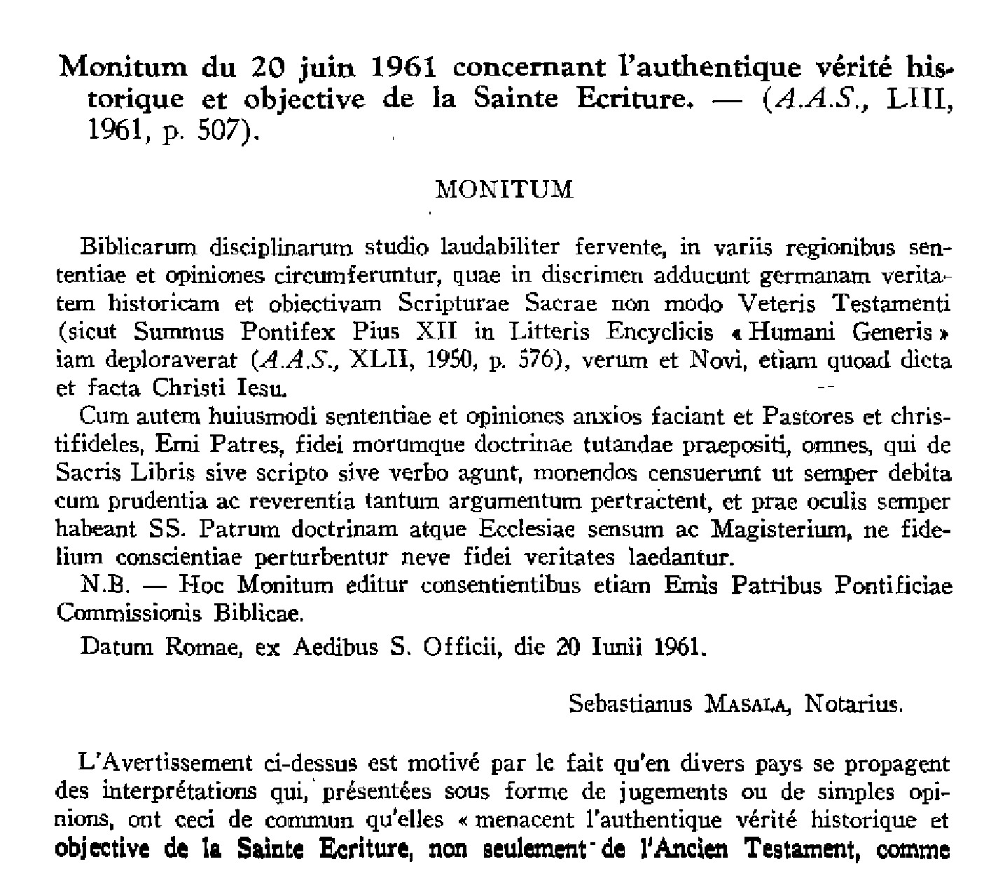 Monitum du 20 juin 1961 concernant l'authentique vérité historique et objective de la Sainte Écriture.Condamnation de l'ouvrage de J. Steinmann, «La vie de Jésus» (1959)