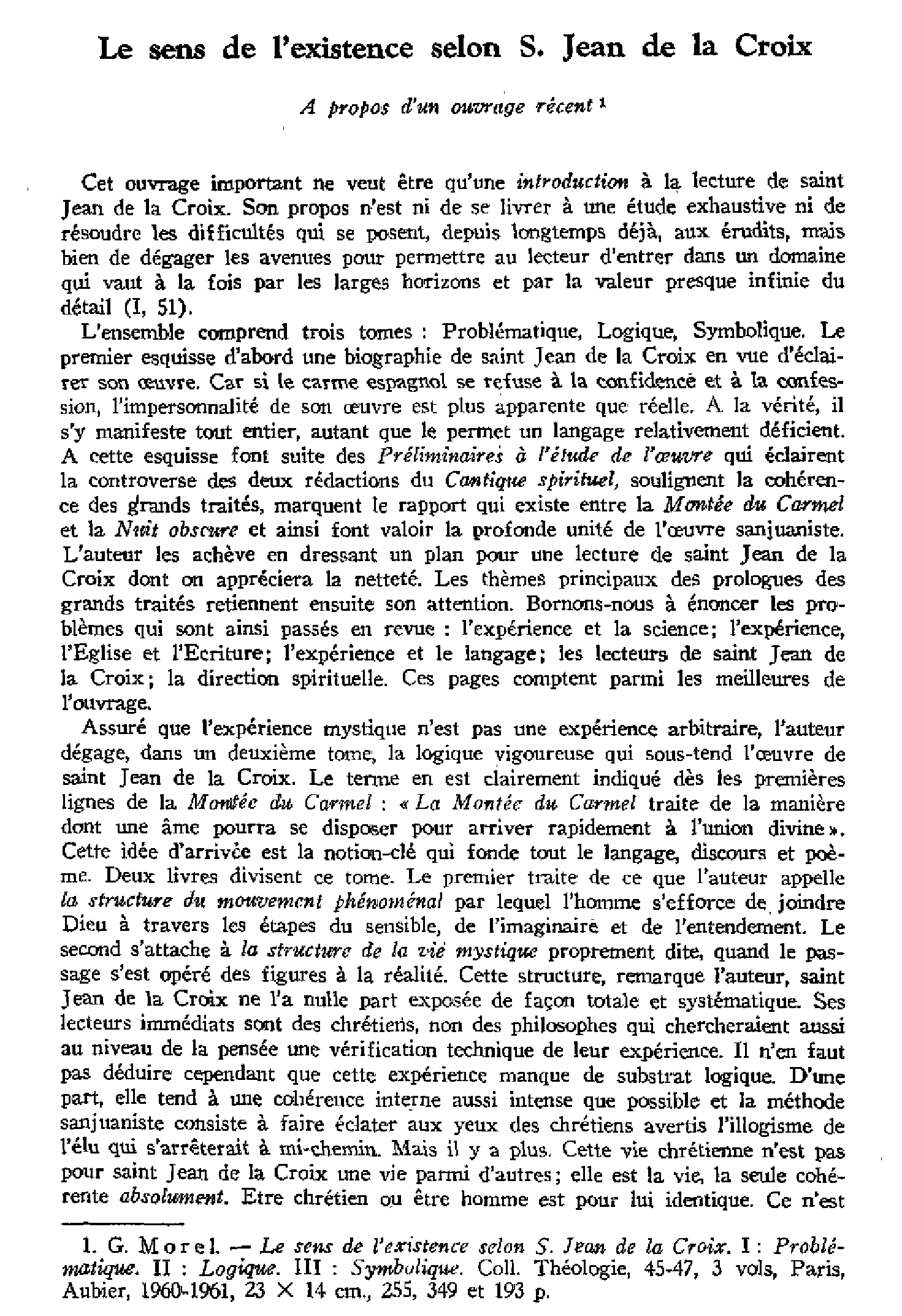Le sens de l'existence selon S. Jean de la Croix. À propos d'un ouvrage récent