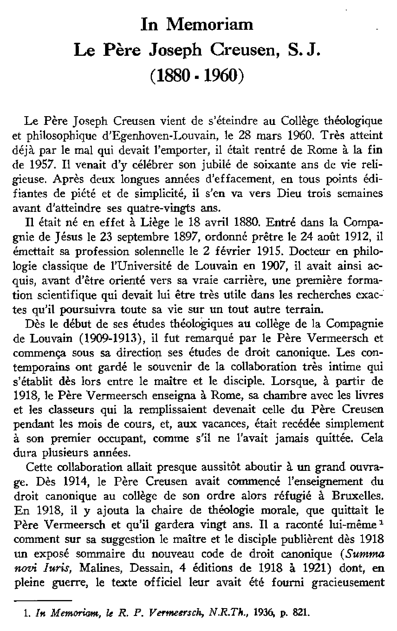 In Memoriam Le Père Joseph Creusen, S.J. (1880-1960)