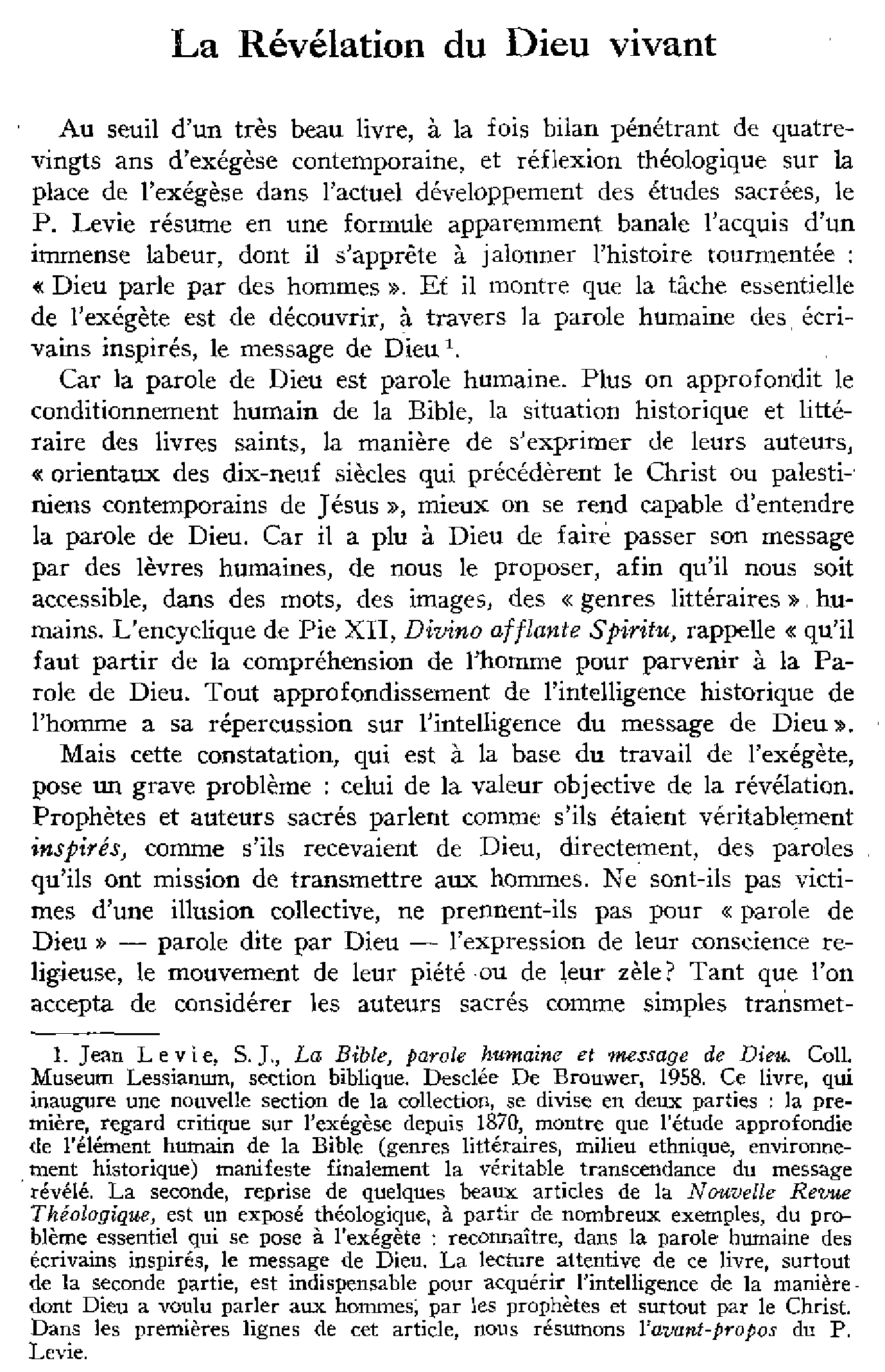 La révélation du Dieu vivant