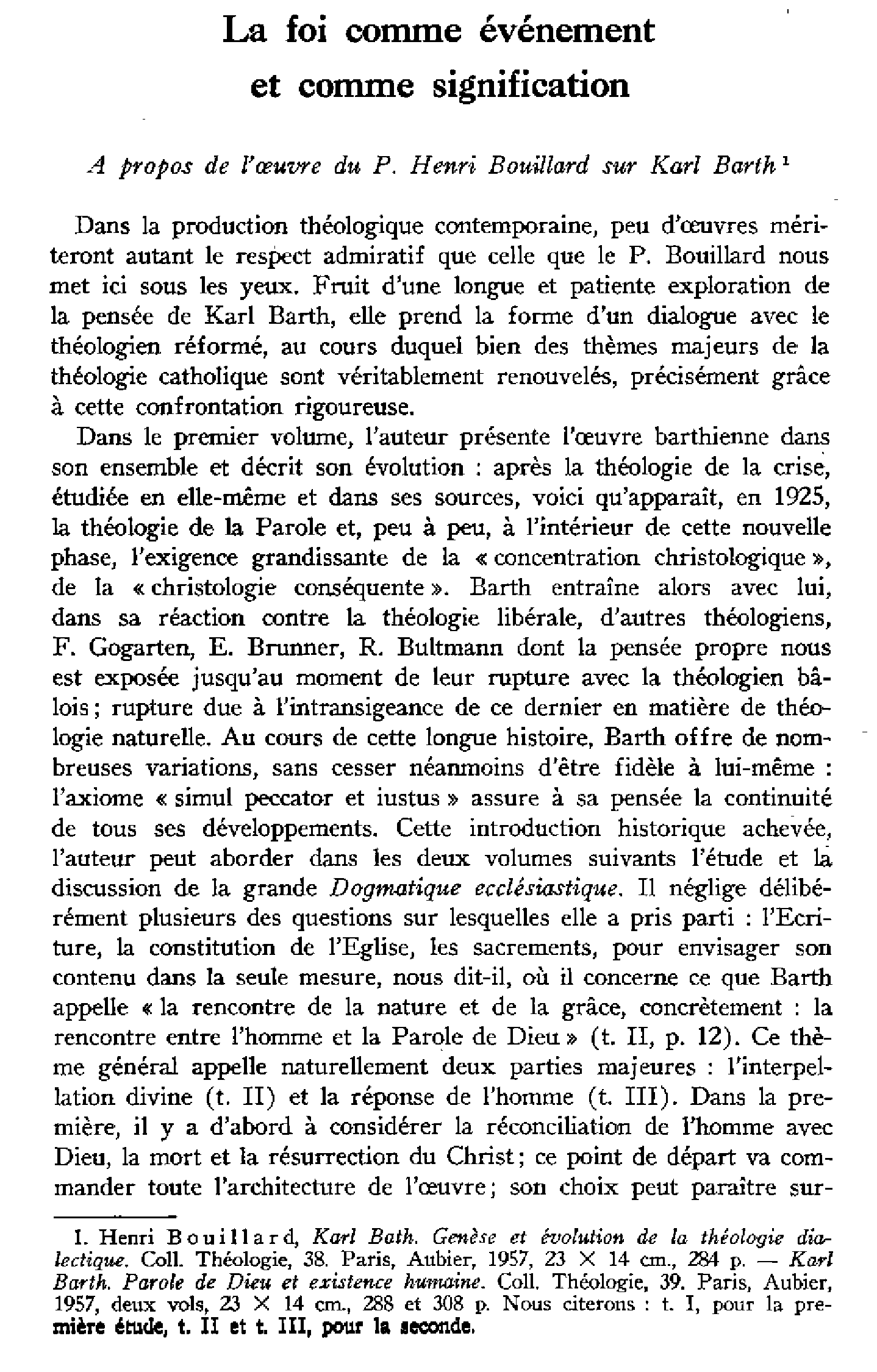 La foi comme événement et comme signification. À propos de l'oeuvre de P. Henri Bouillard sur Karl Barth