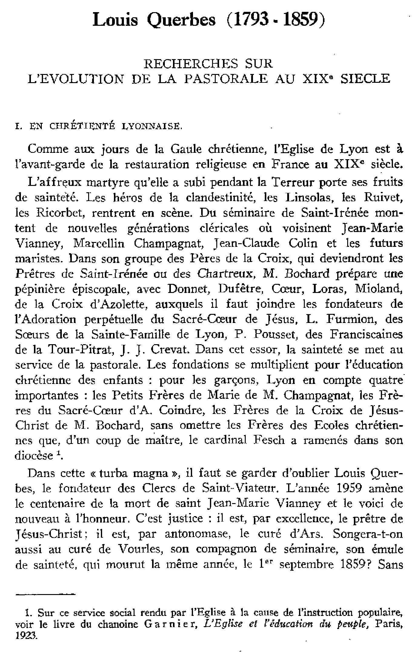 Louis Querbes (1793-1859). Recherche sur l'évolution de la pastorale au XIXe siècle