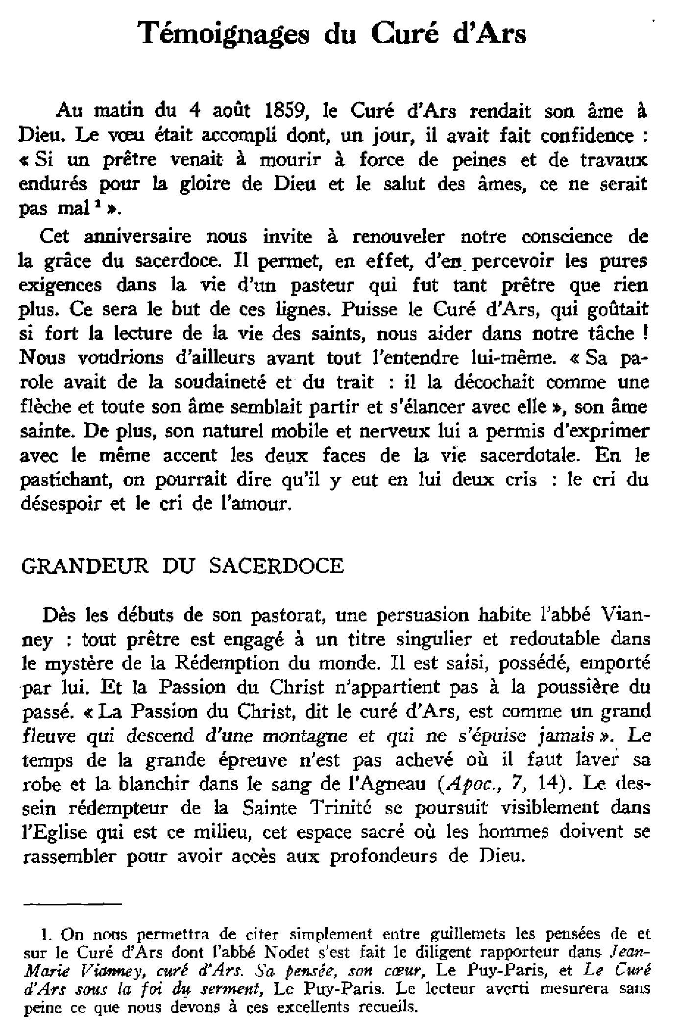 Témoignages du Curé d'Ars