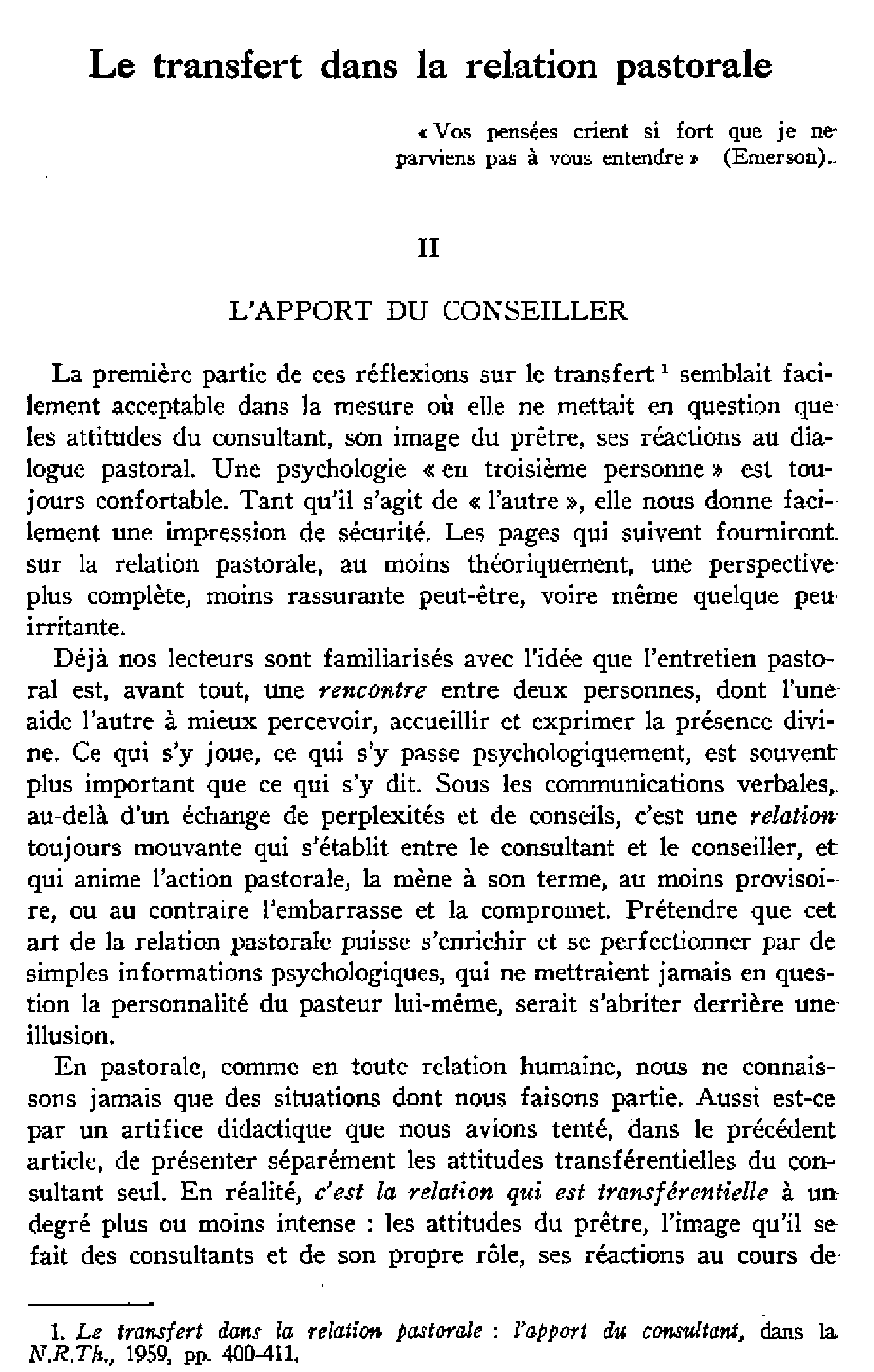 Le transfert dans la relation pastorale (II). L'apport du conseiller