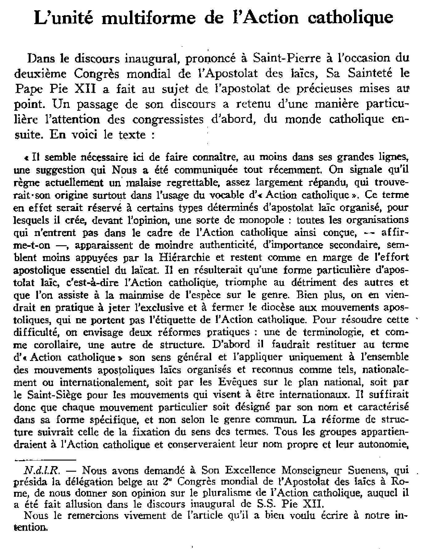 L'unité multiforme de l'Action catholique